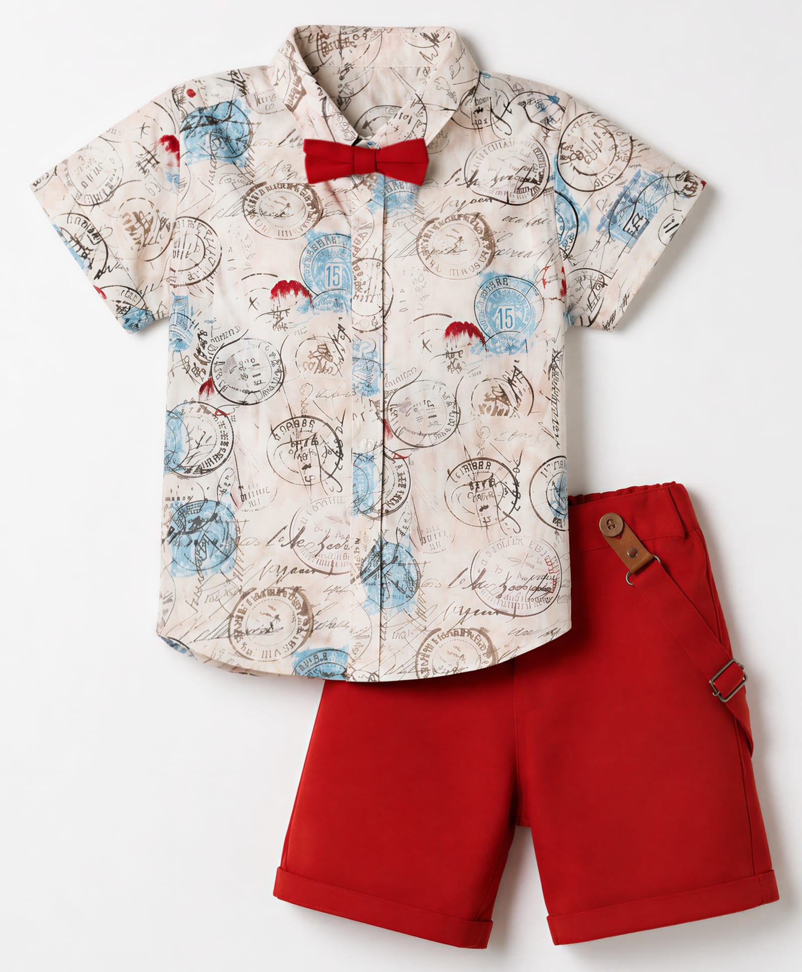 ToffyHouse Poplin Woven Half Sleeves Text Printed Shirt & Shorts Set With Bow & Suspender Detailing - Red-image-2
