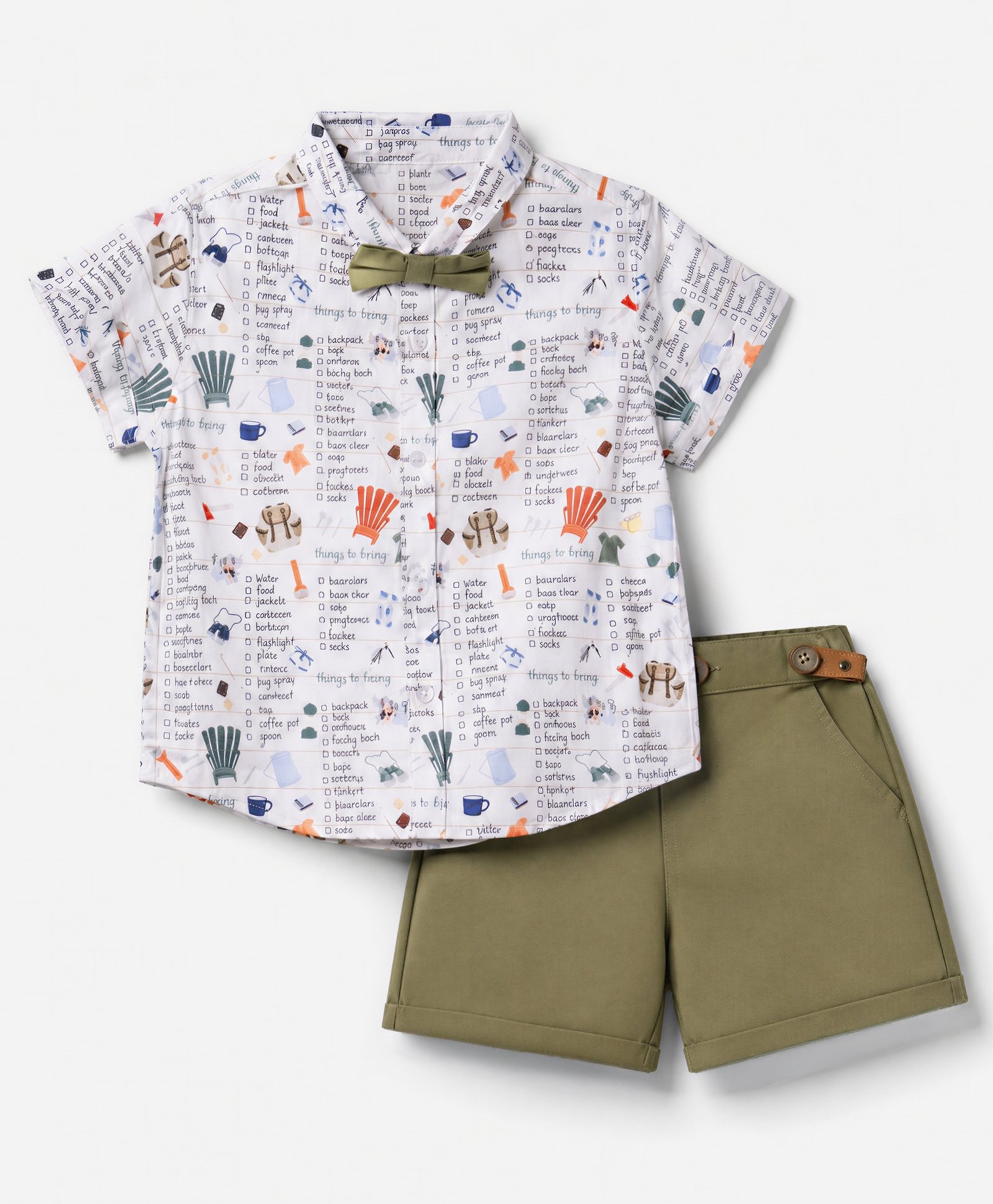 ToffyHouse Woven Half Sleeves Shirt & Shorts Set With Text Print & Bow - Olive Green & White-image-44