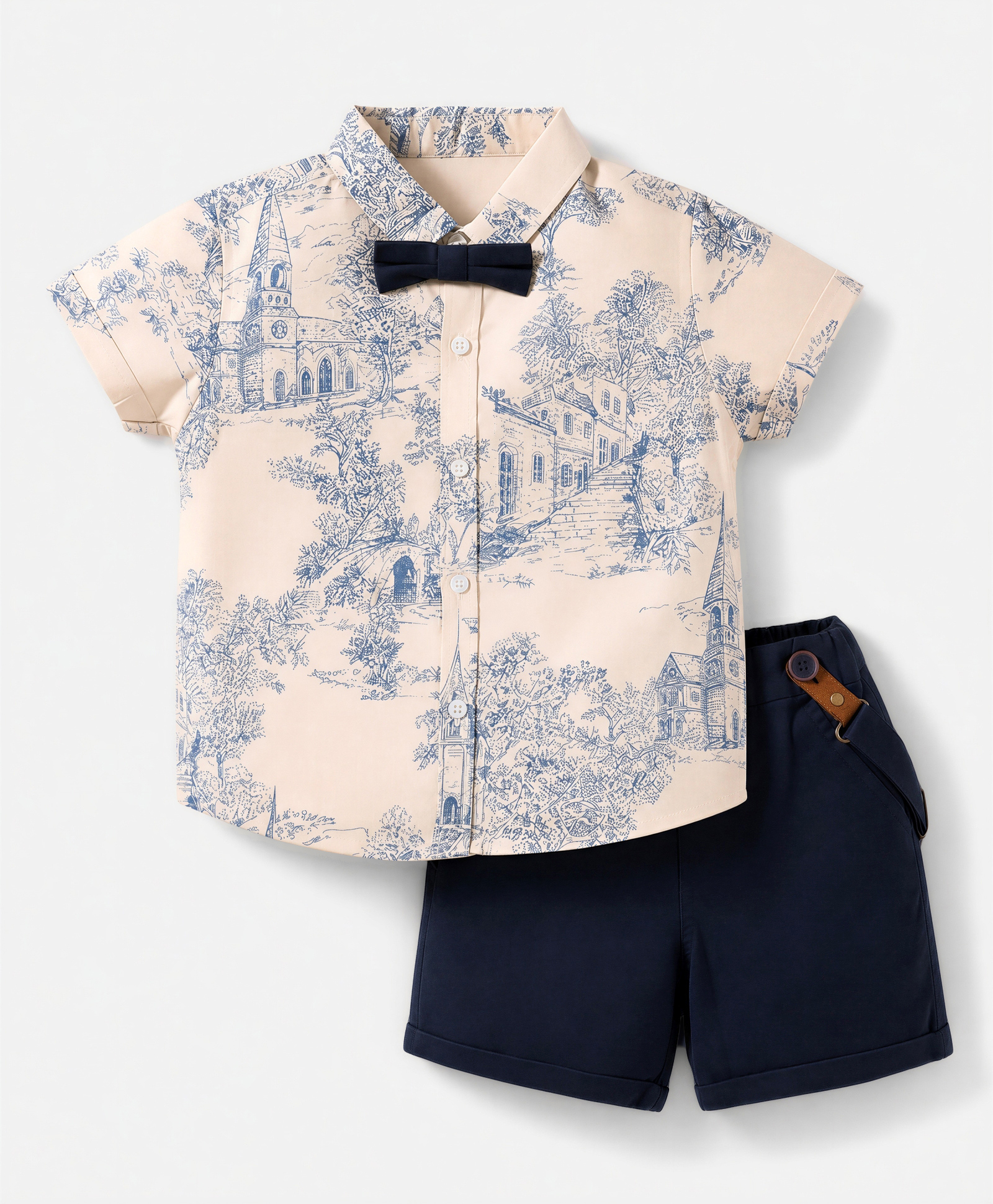 ToffyHouse Poplin Woven Half Sleeves Printed Shirt & Shorts Set With Bow & Suspender Detailing - Navy Blue-image-8