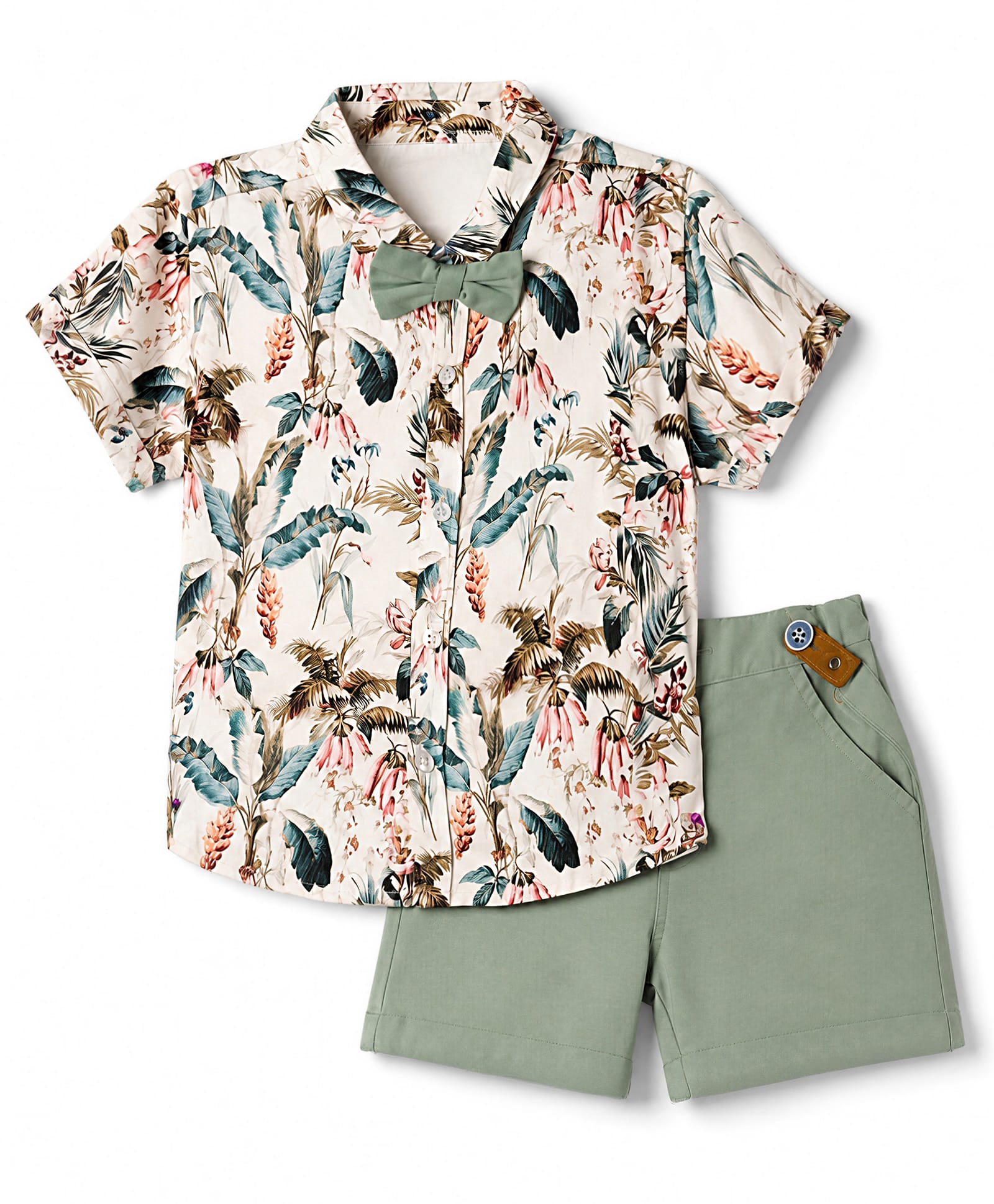 ToffyHouse Woven Half Sleeves Shirt & Shorts Set With Palm Tree Print & Bow - Teal Blue & Beige-picture-23