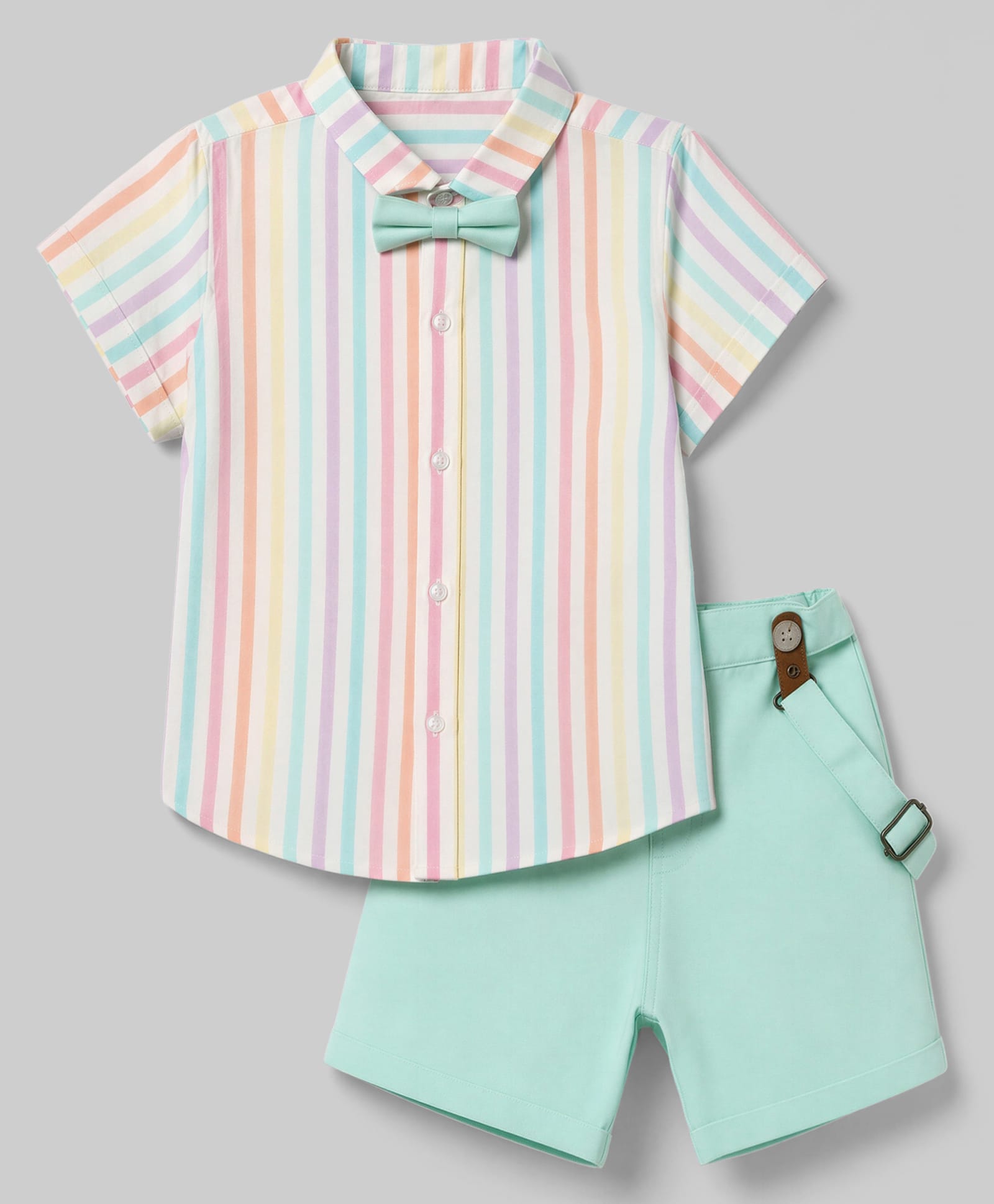 ToffyHouse Poplin Woven Half Sleeves Striped Shirt & Shorts Set With Bow & Suspender Detailing - Light Green-picture-14