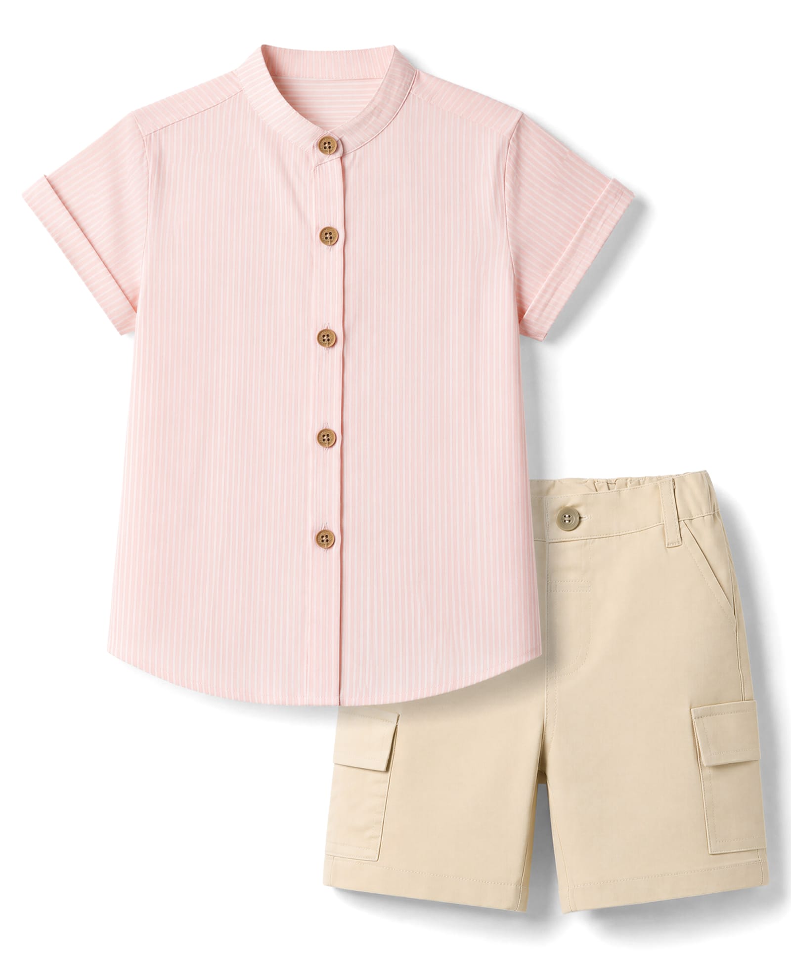 ToffyHouse Poplin Woven Half Sleeves Striped Shirt & Shorts Set - Khaki & Light Pink-image-21
