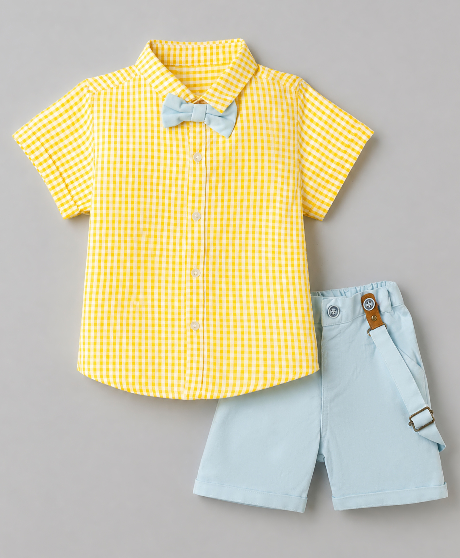 Toffyhouse Half Sleeves Shirt and Short Set With Bow & Suspender Checks Print - Yellow