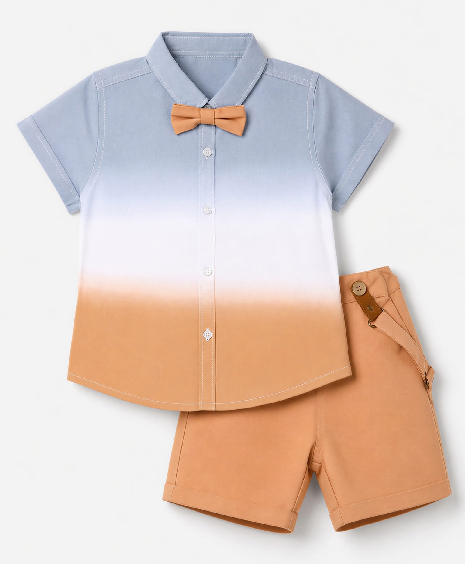 ToffyHouse Poplin Woven Half Sleeves Shirt & Shorts Set With Bow & Suspender Detailing - Orange-picture-40