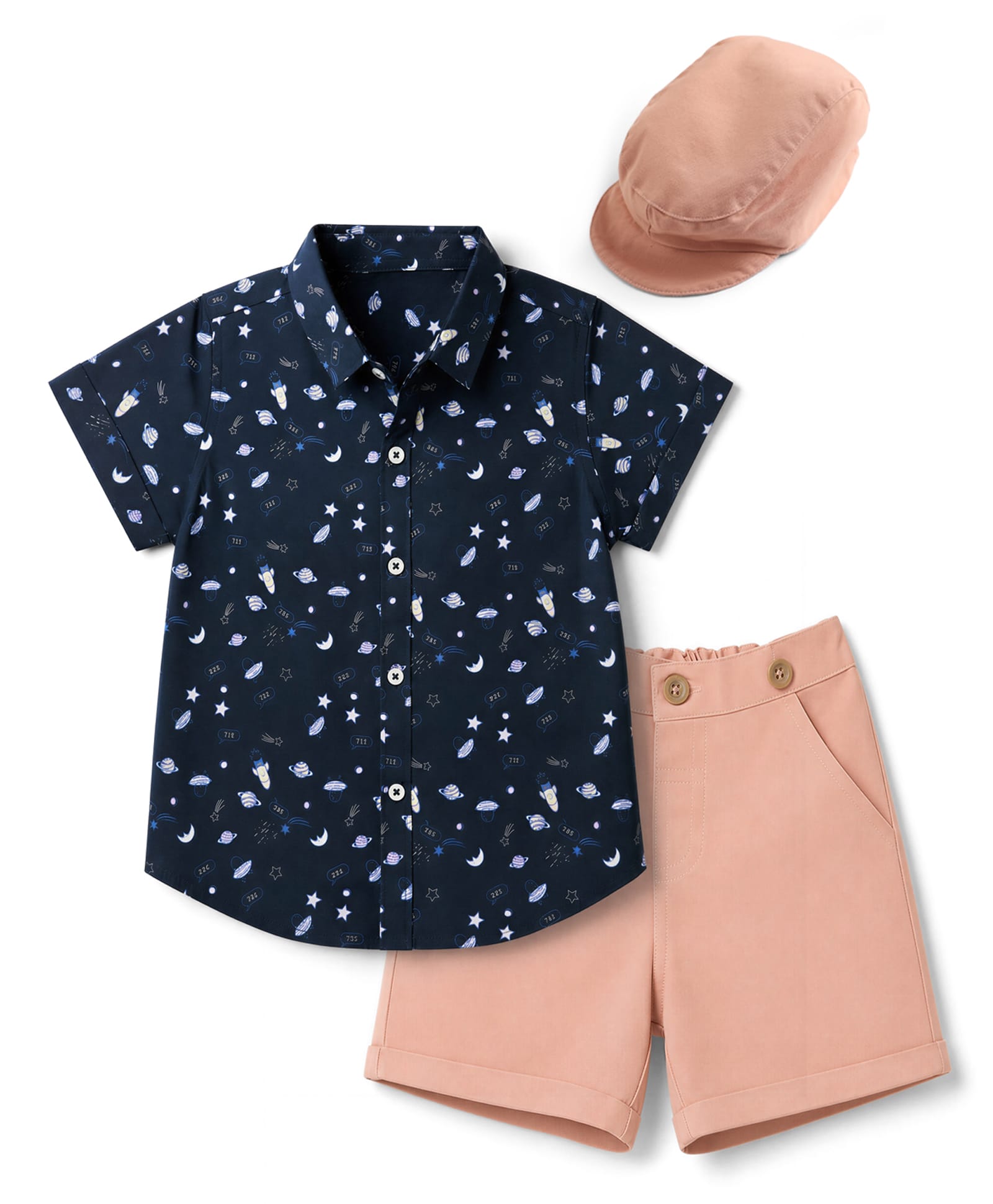 ToffyHouse Poplin Woven Half Sleeves Shirt and Short Set With Space Theme Print & Cap - Rose Gold-picture-19