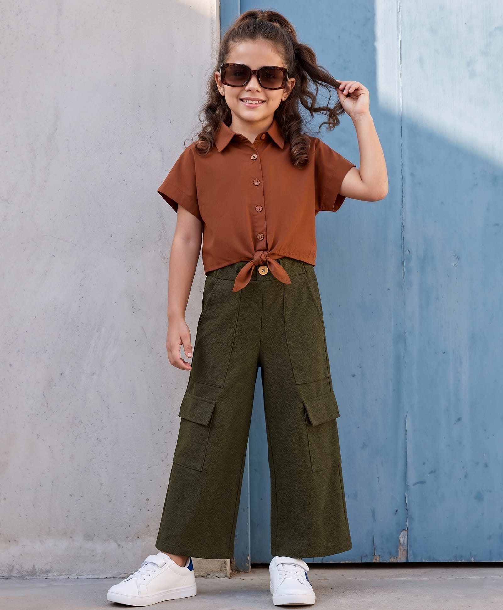 OLLINGTON ST. Cotton Woven Half Sleeve Solid Shirt Top & Waffle Knit Culottes - Brown & Olivegreen-picture-22