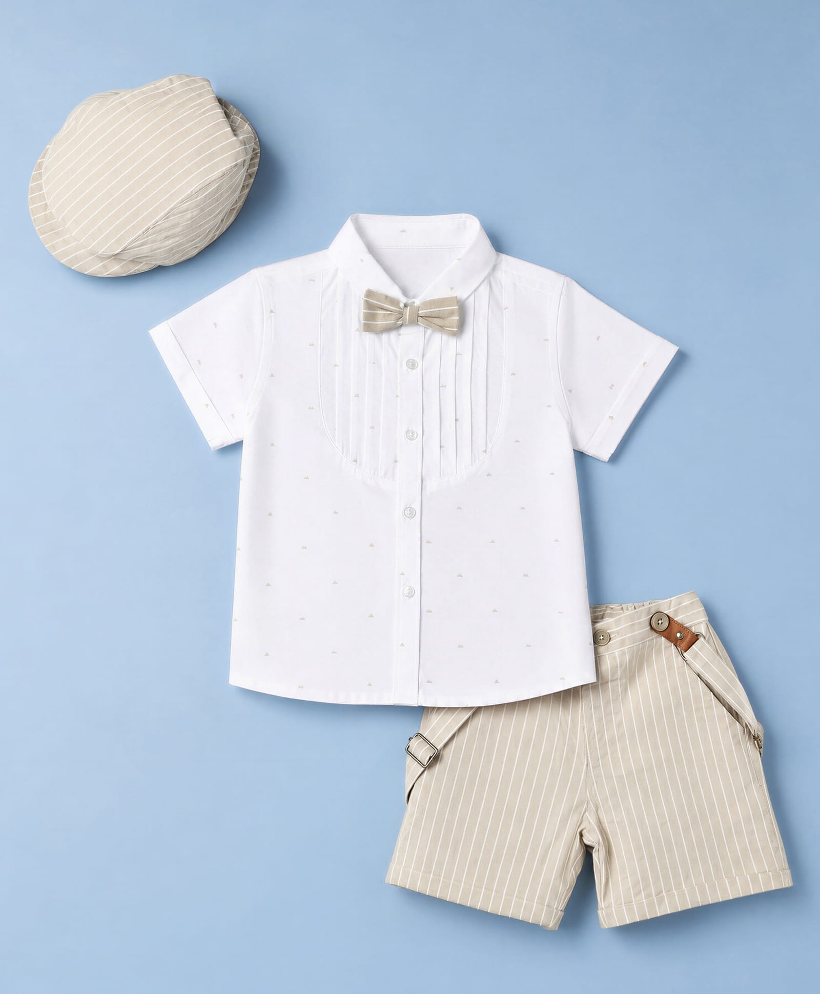 ToffyHouse Poplin Woven Half Sleeves Solid Colour Pin Tucked Shirt & Shorts Party Set with Attached Bow Cap & Suspender - Grey-picture-20