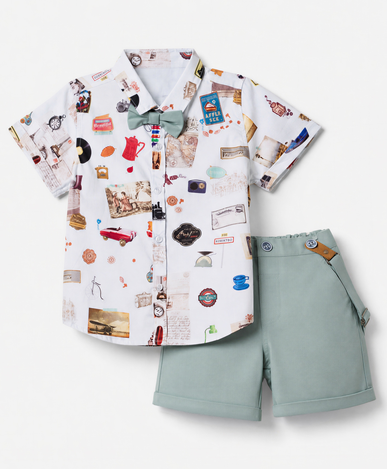 ToffyHouse Woven Half Sleeves Shirt & Shorts Set With Car Print & Bow - Teal Blue-picture-44