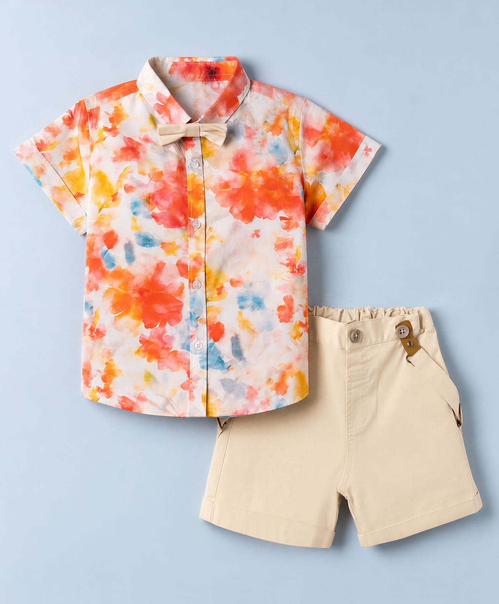 ToffyHouse Poplin Woven Half Sleeves Tie Dye Shirt & Shorts Set with Bow & Suspender-Beige-picture-12