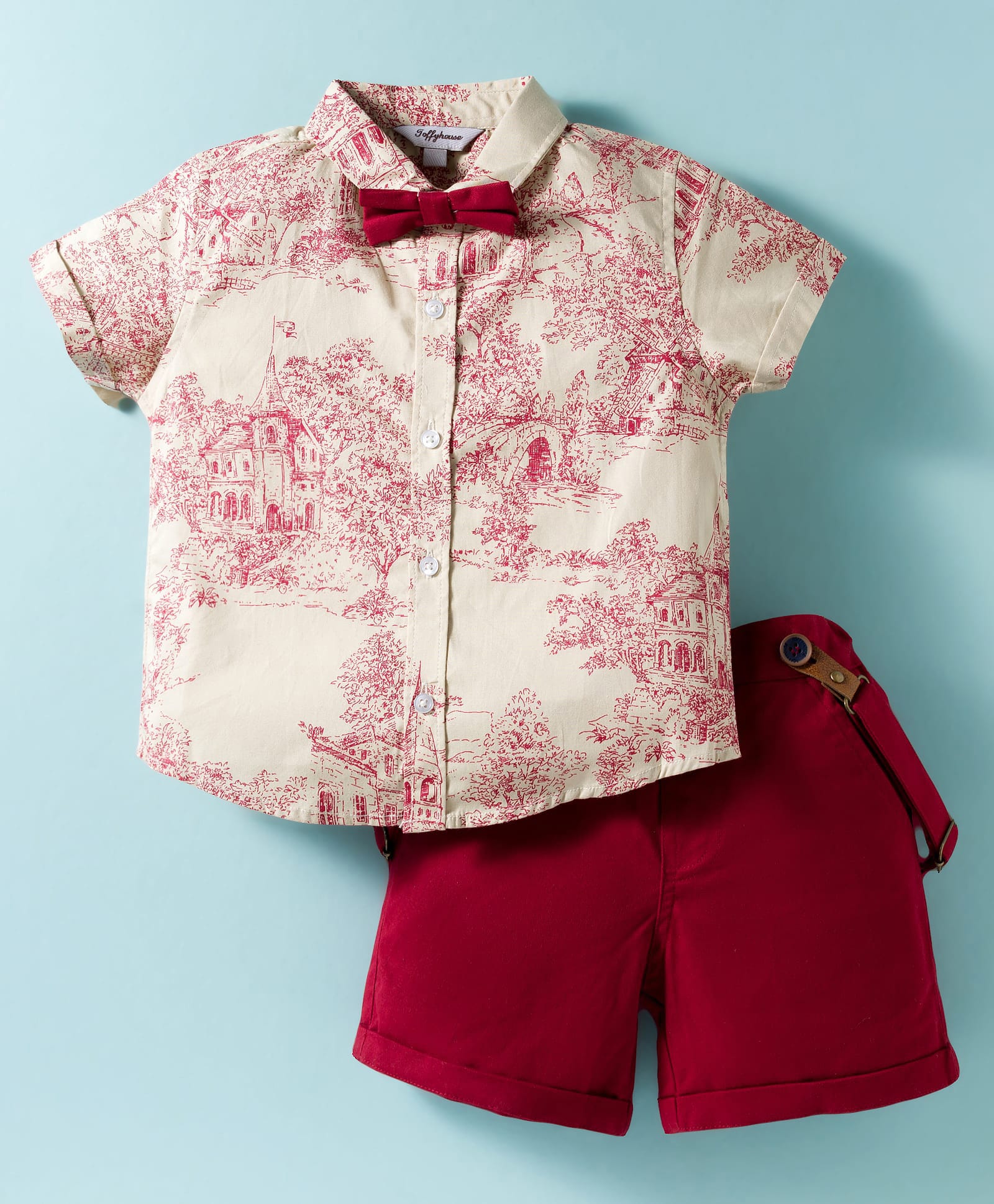 ToffyHouse Poplin Woven Half Sleeves Castle Printed Shirt & Shorts Party Set with Suspender & Bow - Dark Red-picture-17