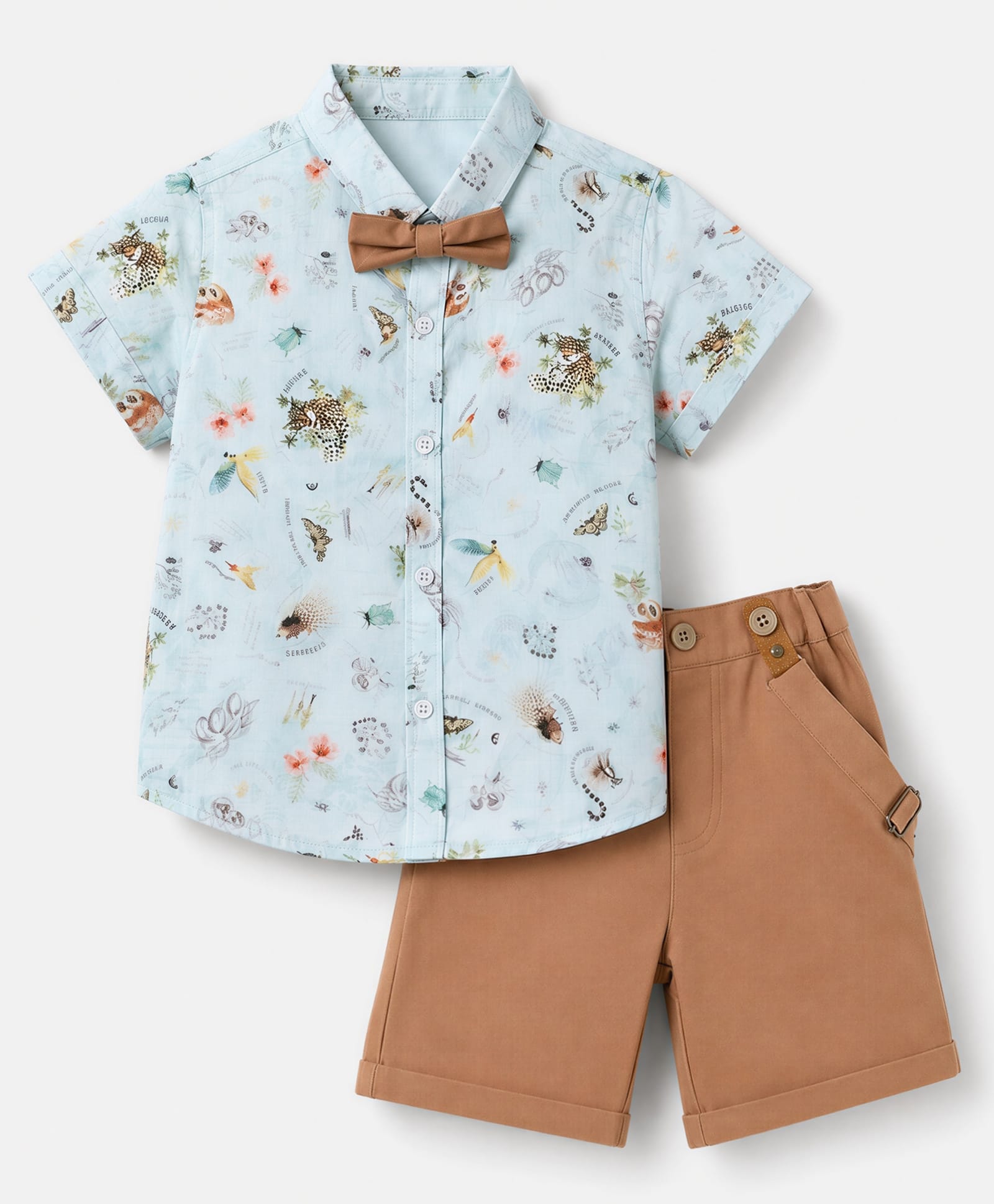 ToffyHouse Poplin Woven Half Sleeves Printed Shirt & Shorts Set With Bow & Suspender Detailing - Brown-image-0