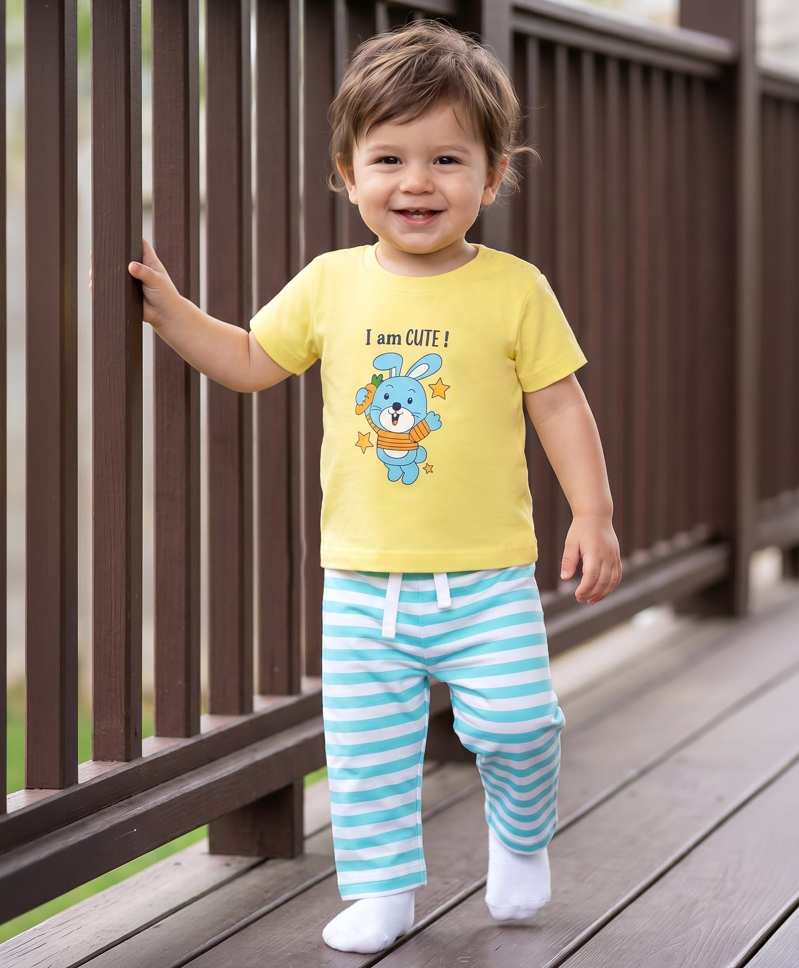 Doodle Poodle 100% Cotton Knit Half Sleeves Bunny Printed T-Shirt & Striped Pyjama Night Suit - Yellow-image-48
