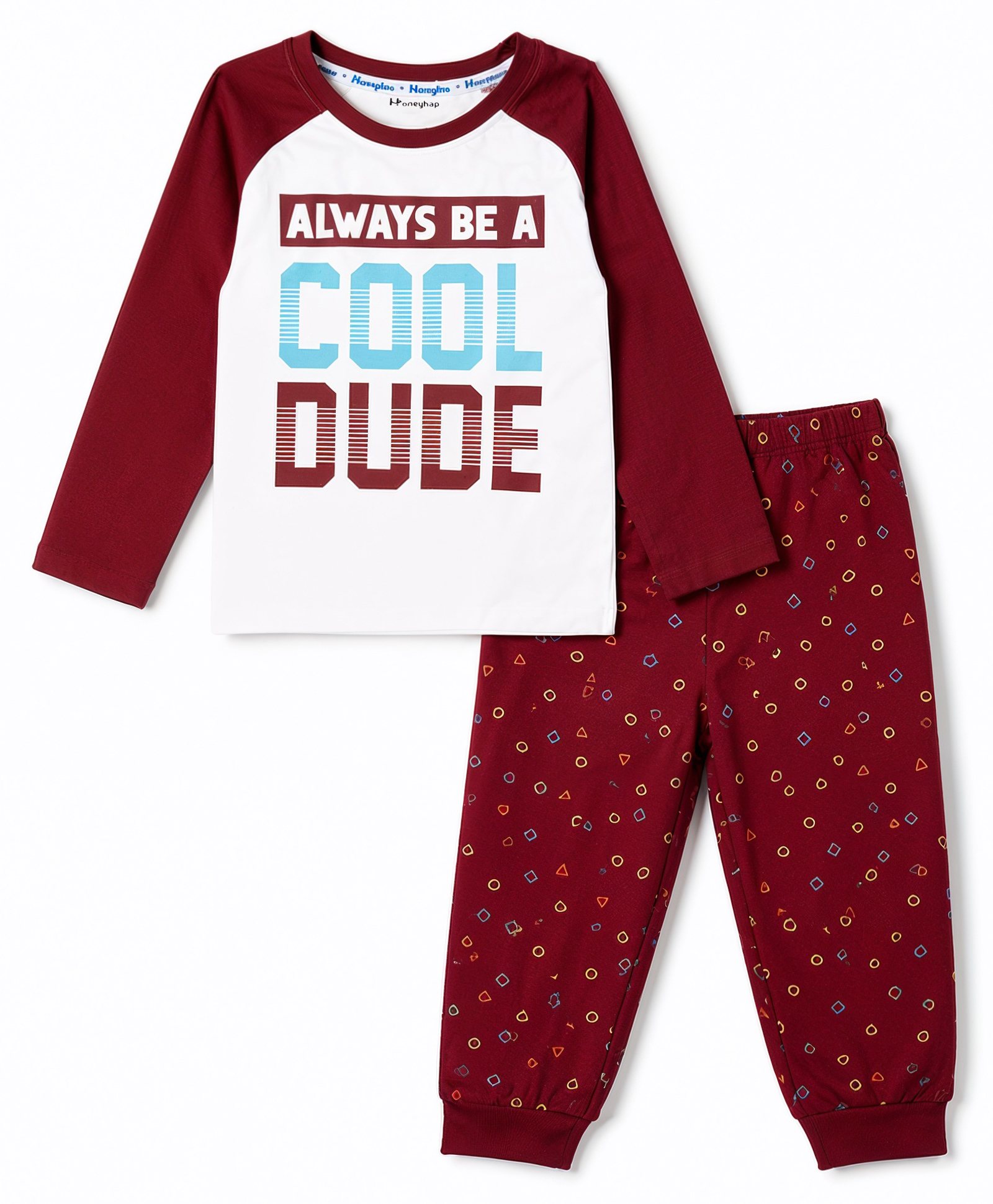 Honeyhap Premium 100% Cotton Knit Full Raglan Sleeves Text Printed Biio Finished T-Shirt & Pajama Night Suit- Marshmallow & Red Dahlia-image-28