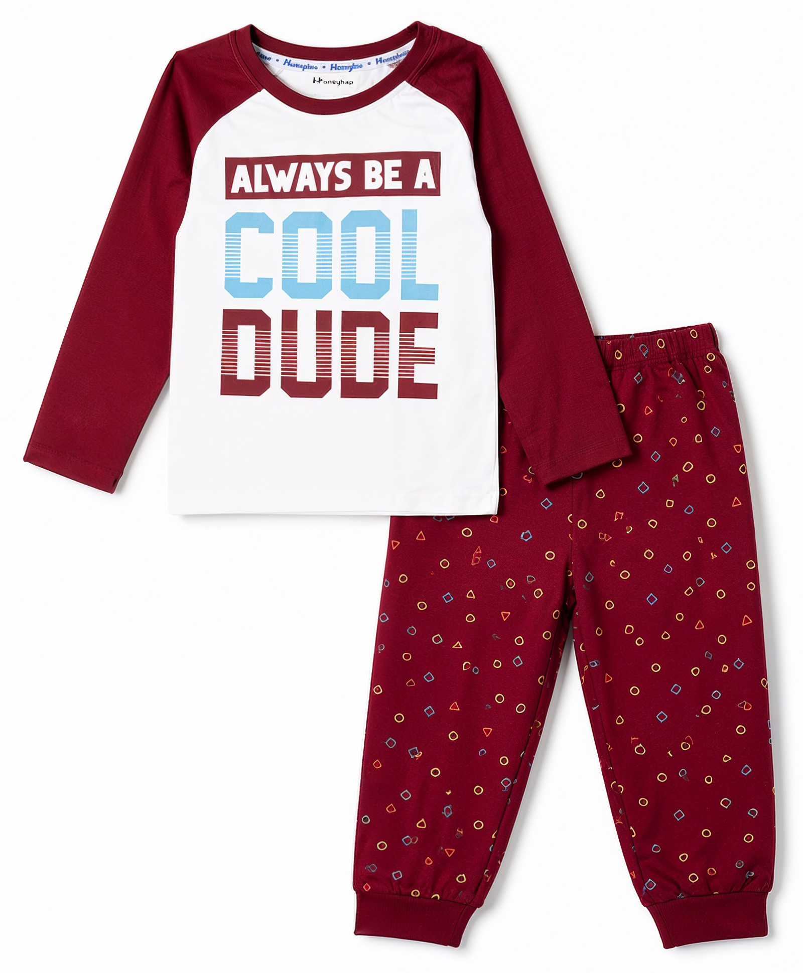 Honeyhap Premium 100% Cotton Knit Full Raglan Sleeves Text Printed Biio Finished T-Shirt & Pajama Night Suit- Marshmallow & Red Dahlia-image-28