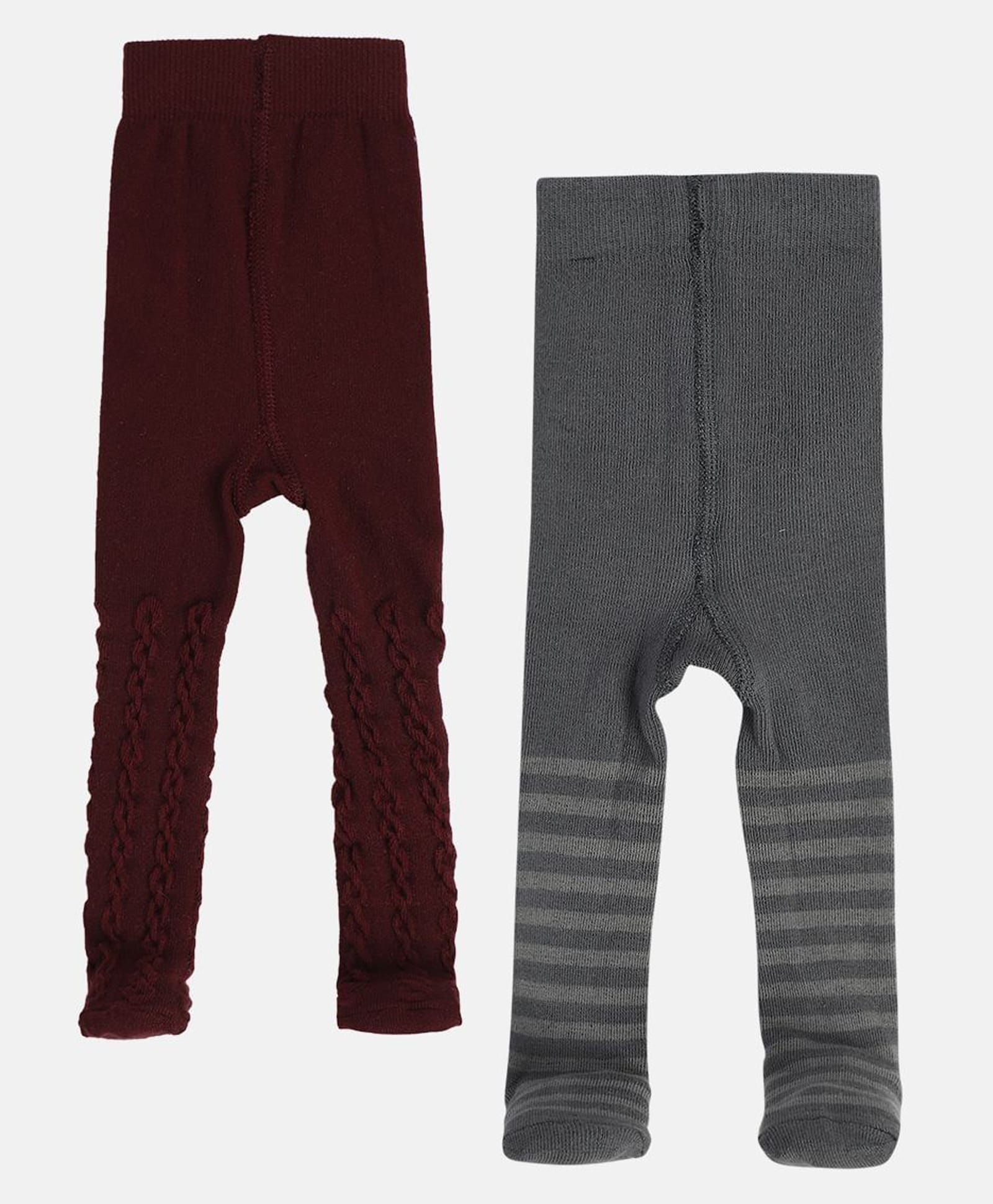 MINI KLUB Cotton Knit Pack Of 2 Striped & Abstract Designed Tights - Multi Colour-picture-33