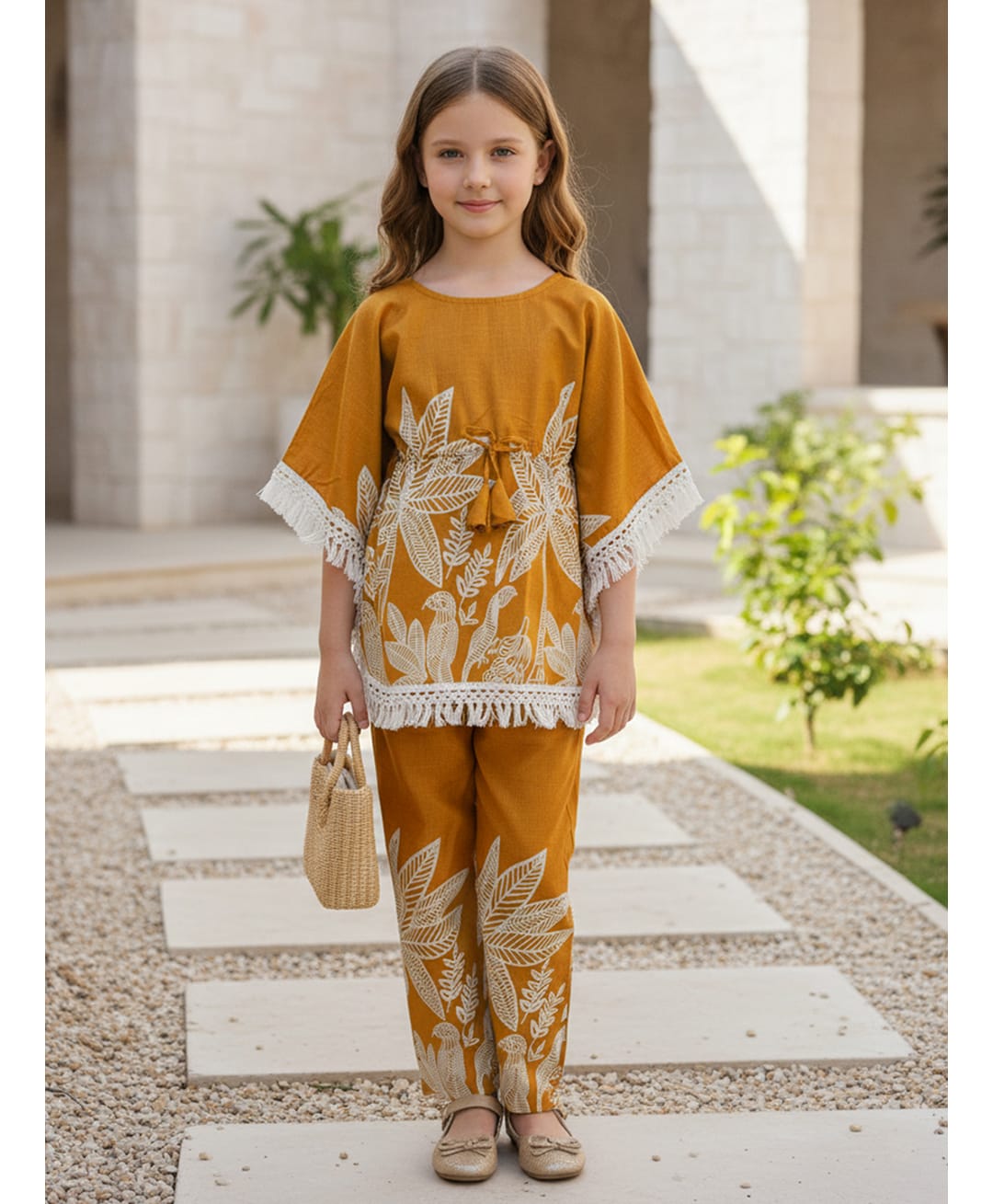 Cutiekins Cotton Woven Three Fourth Sleeves Tropical Theme Printed Kurti & Pant Set - Mustard & White-image-44