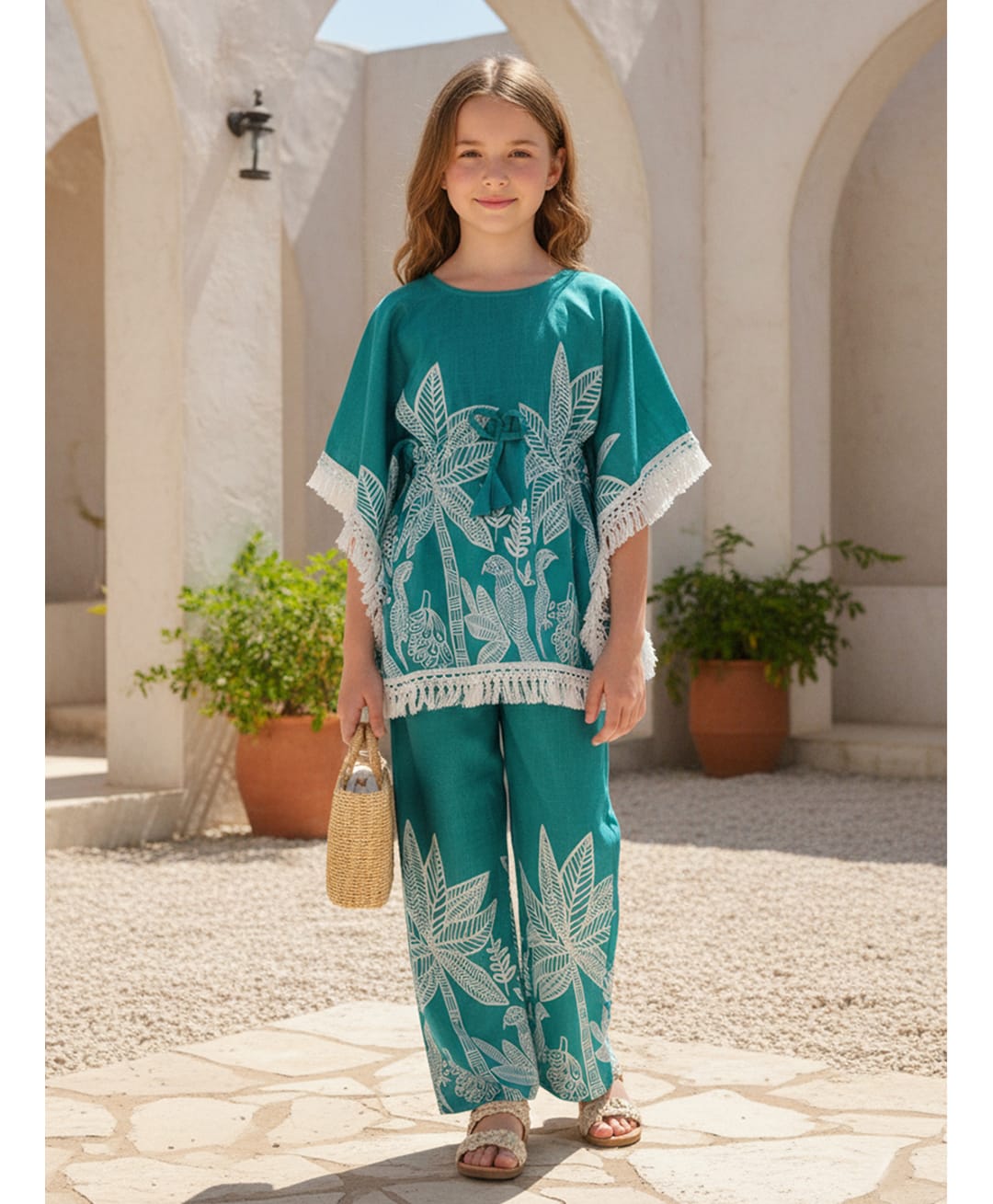 Cutiekins Cotton Woven Three Fourth Sleeves Tropical Theme Printed Kurti & Pant Set - Teal Blue & White-picture-38