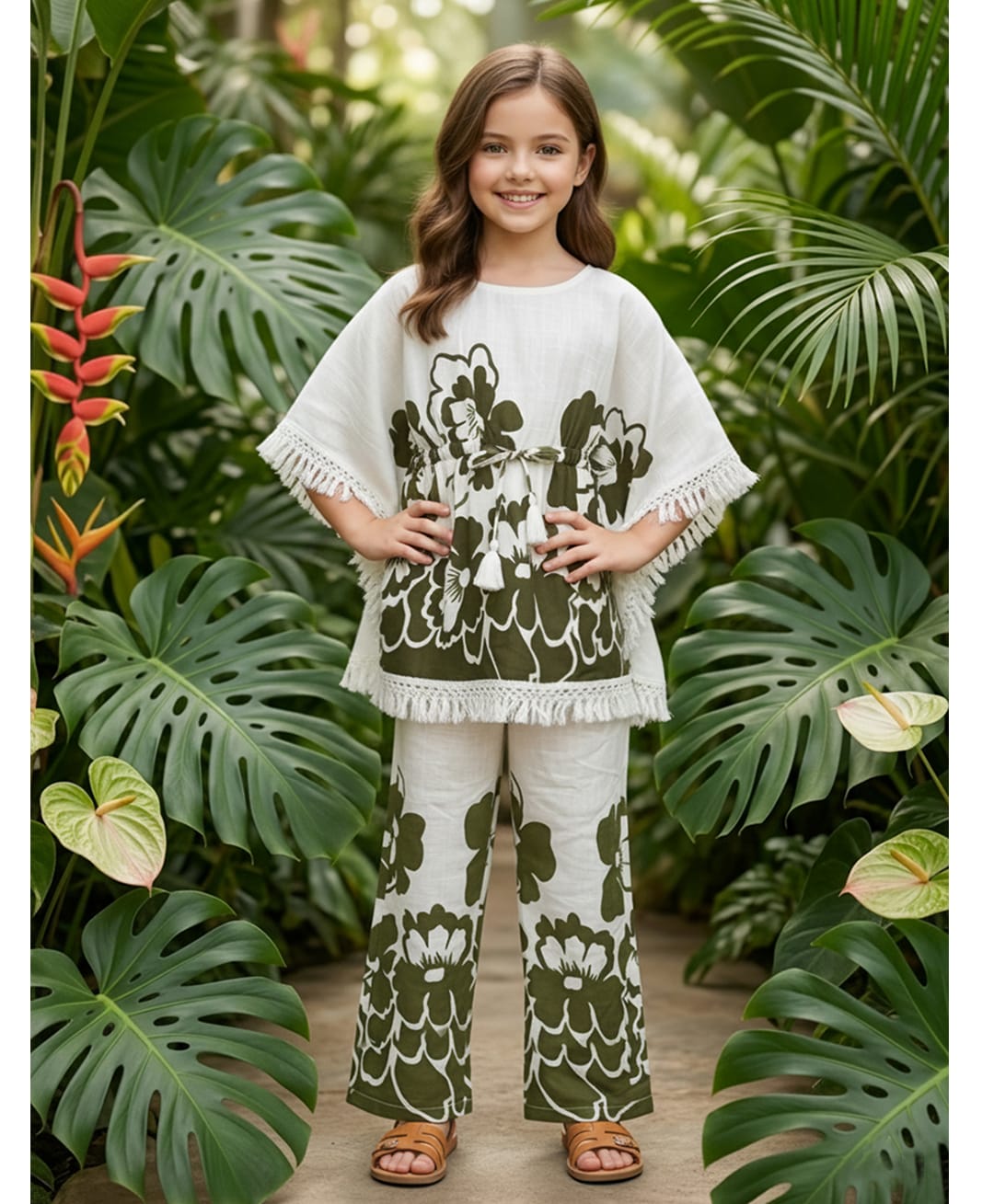 Cutiekins Cotton Woven Three Fourth Sleeves Floral Printed Kurti & Pant Set - Green & Off White-picture-17