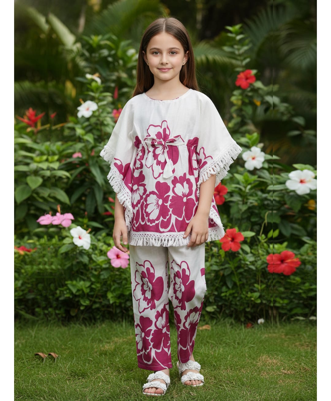 Cutiekins Cotton Woven Three Fourth Kaftan Sleeves Tassels Embellished Trim & Floral Printed Top & Pant Set - Pink & Off White-picture-20