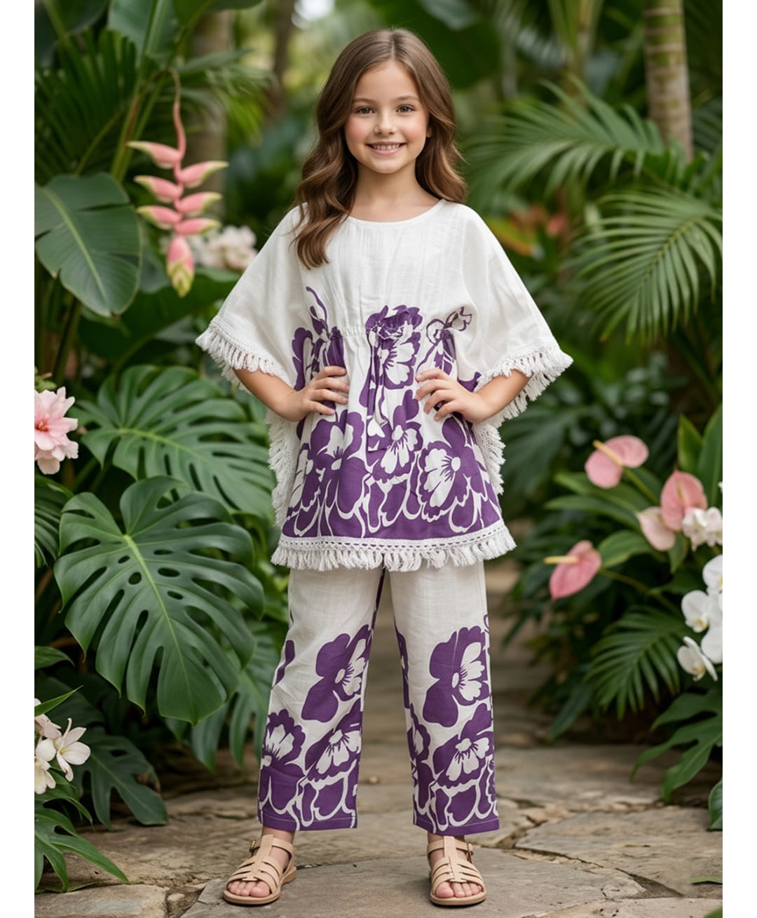 Cutiekins Cotton Woven Three Fourth Sleeves Floral Printed Kurti & Pant Set - Purple & Off White-picture-18