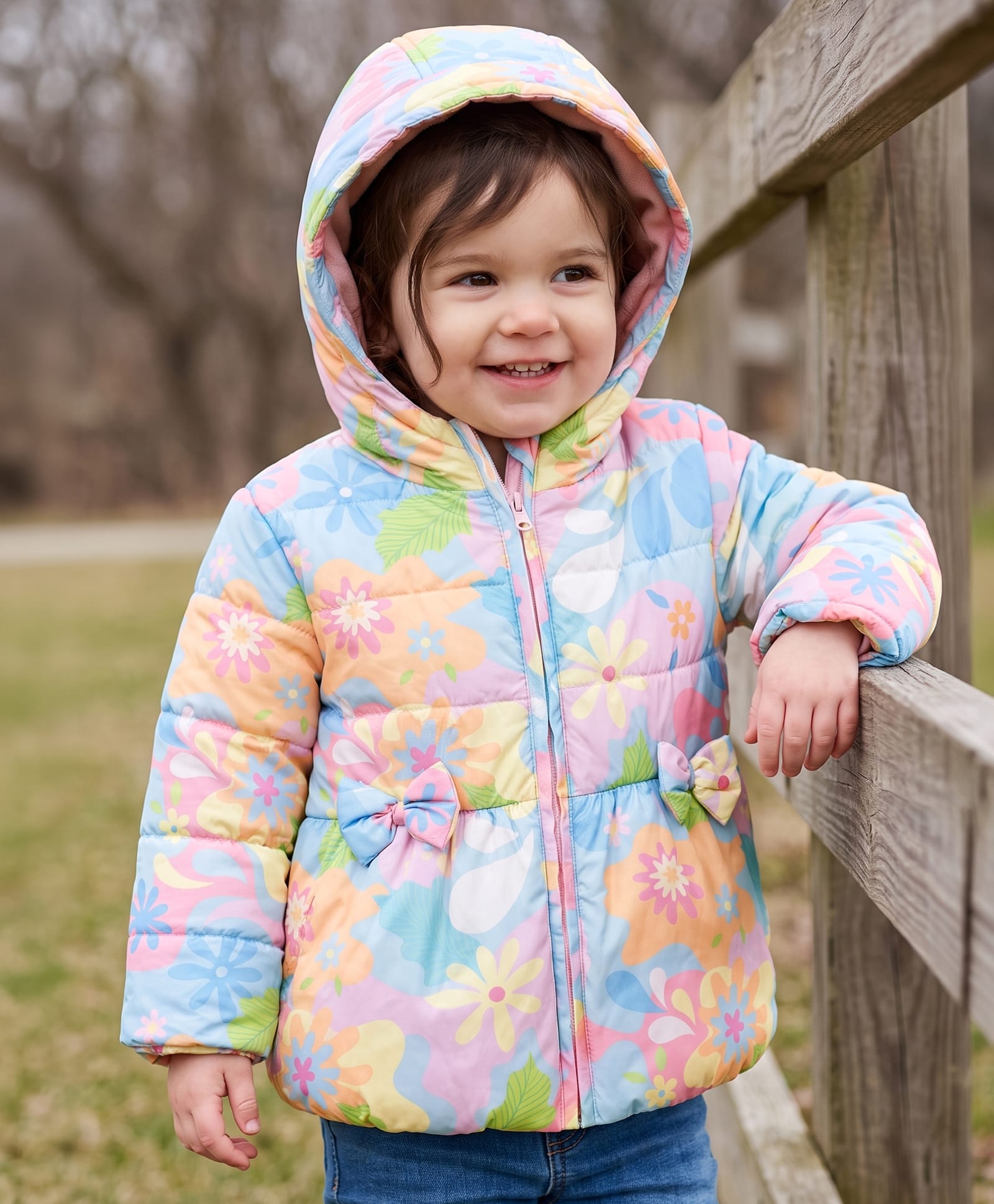 Babyhug Woven Full Sleeves Hooded Padded Jacket with Floral Print & Bow Applique - Light Blue-picture-12