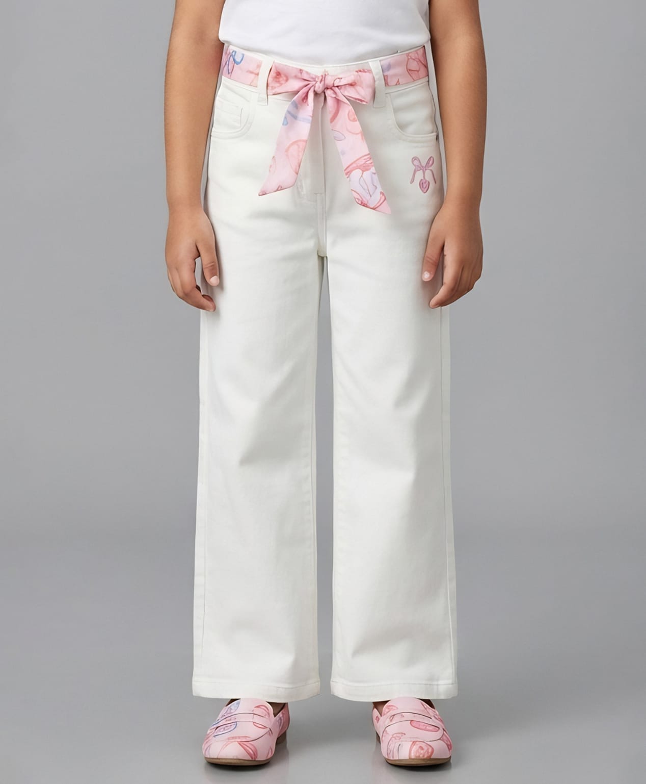 Barbie by Tiny Girl Cotton Knit Bow & Heart Printed Jeans - White-image-5