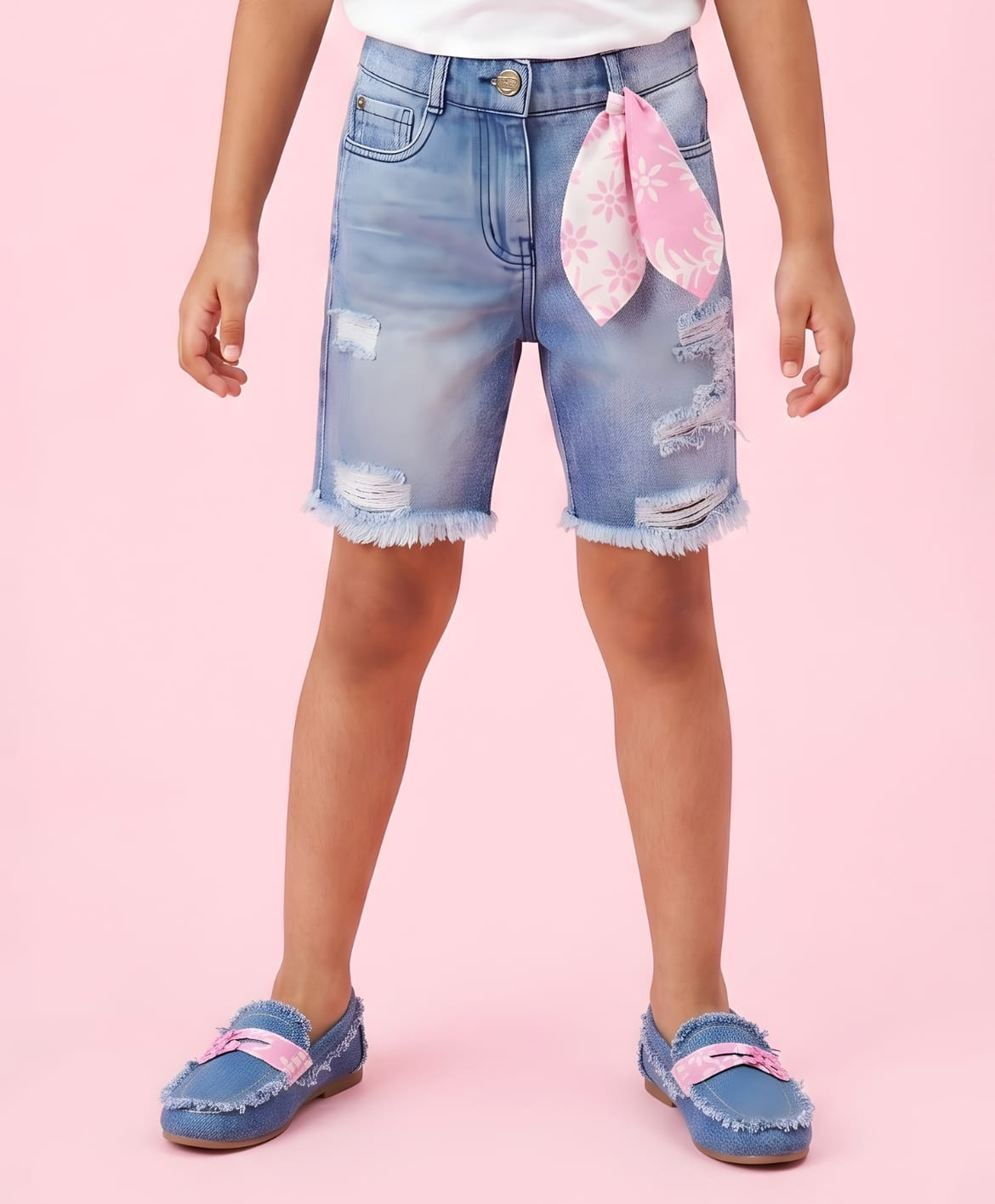 Tiny Girl Cotton Woven Mild Washed Distressed Shorts - Light Blue-picture-15