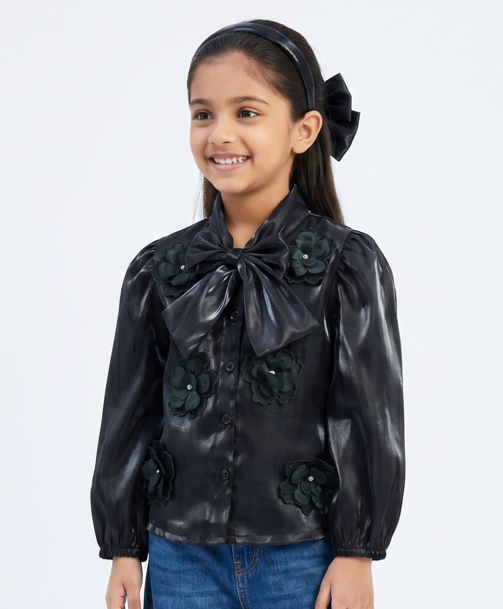 Tiny Girl Woven Full Sleeves Floral Applique Detailed Top With Inner - Black-picture-39