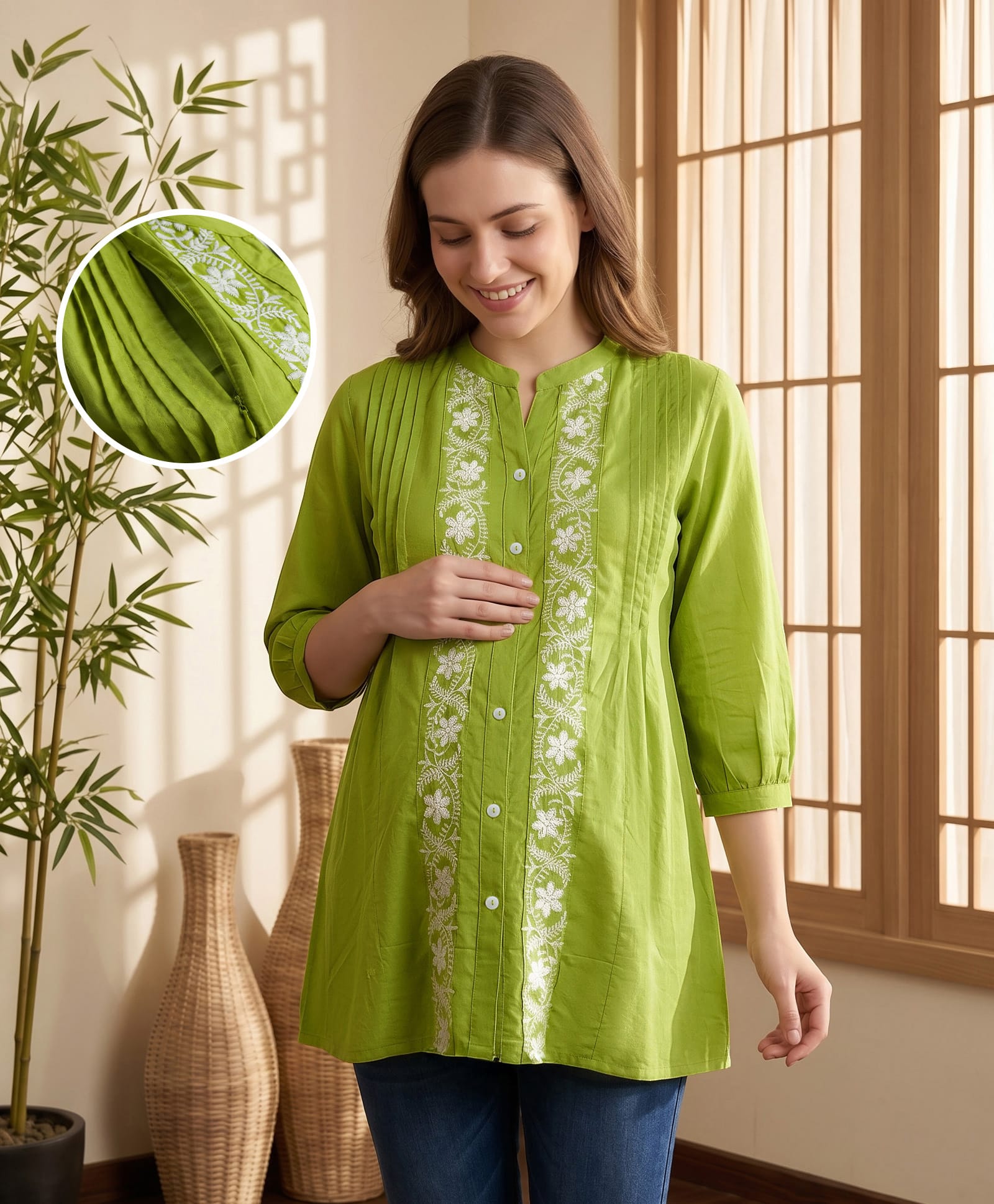 Bella Mama Woven Three Fourth Sleeves Mandarin Collar Neck Floral Embroidered Maternity Top - Lime Gren