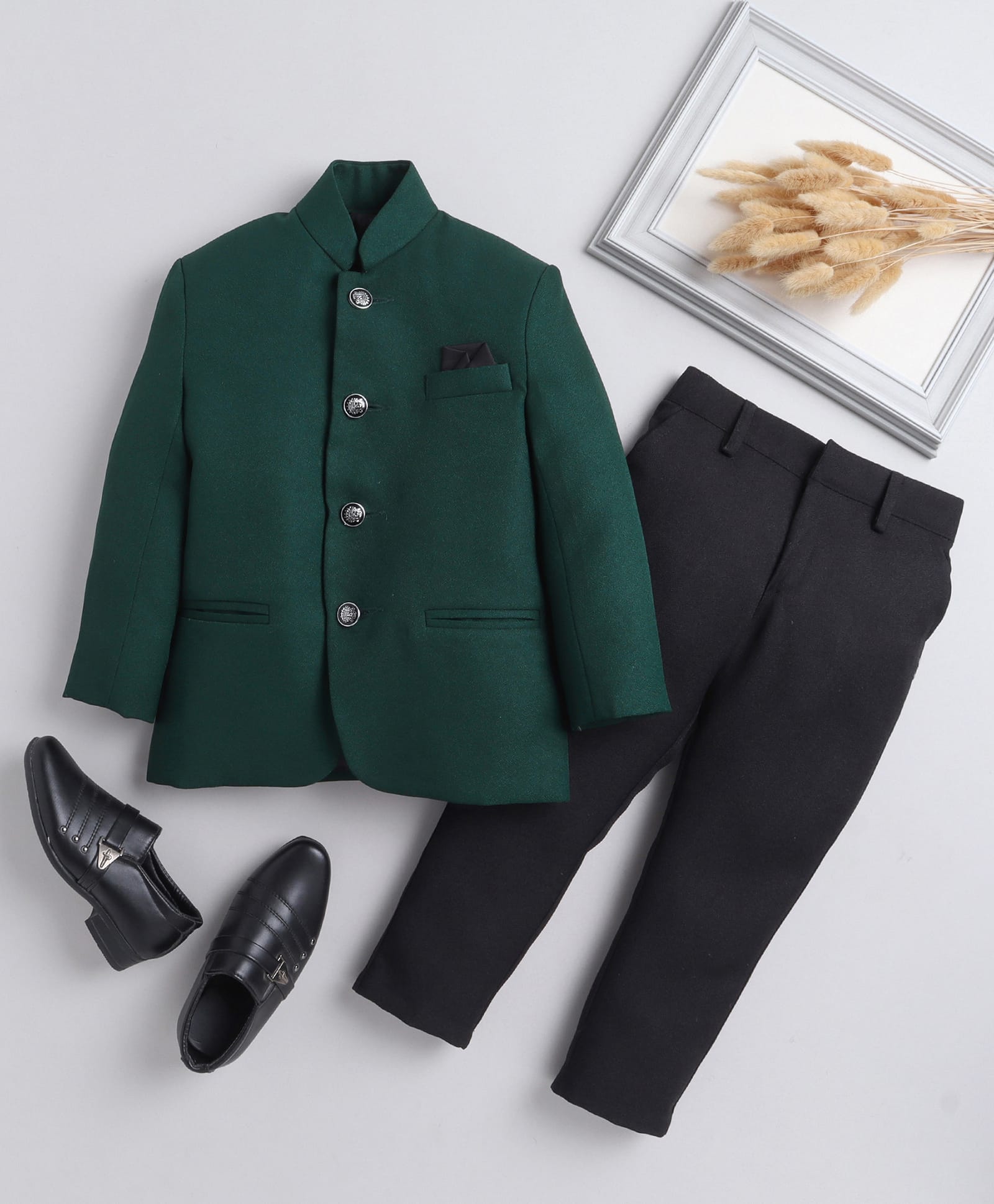 Jeet Ethnics Knit Full Sleeves Solid Jodhpuri Blazer & Trousers Set - Green-picture-37