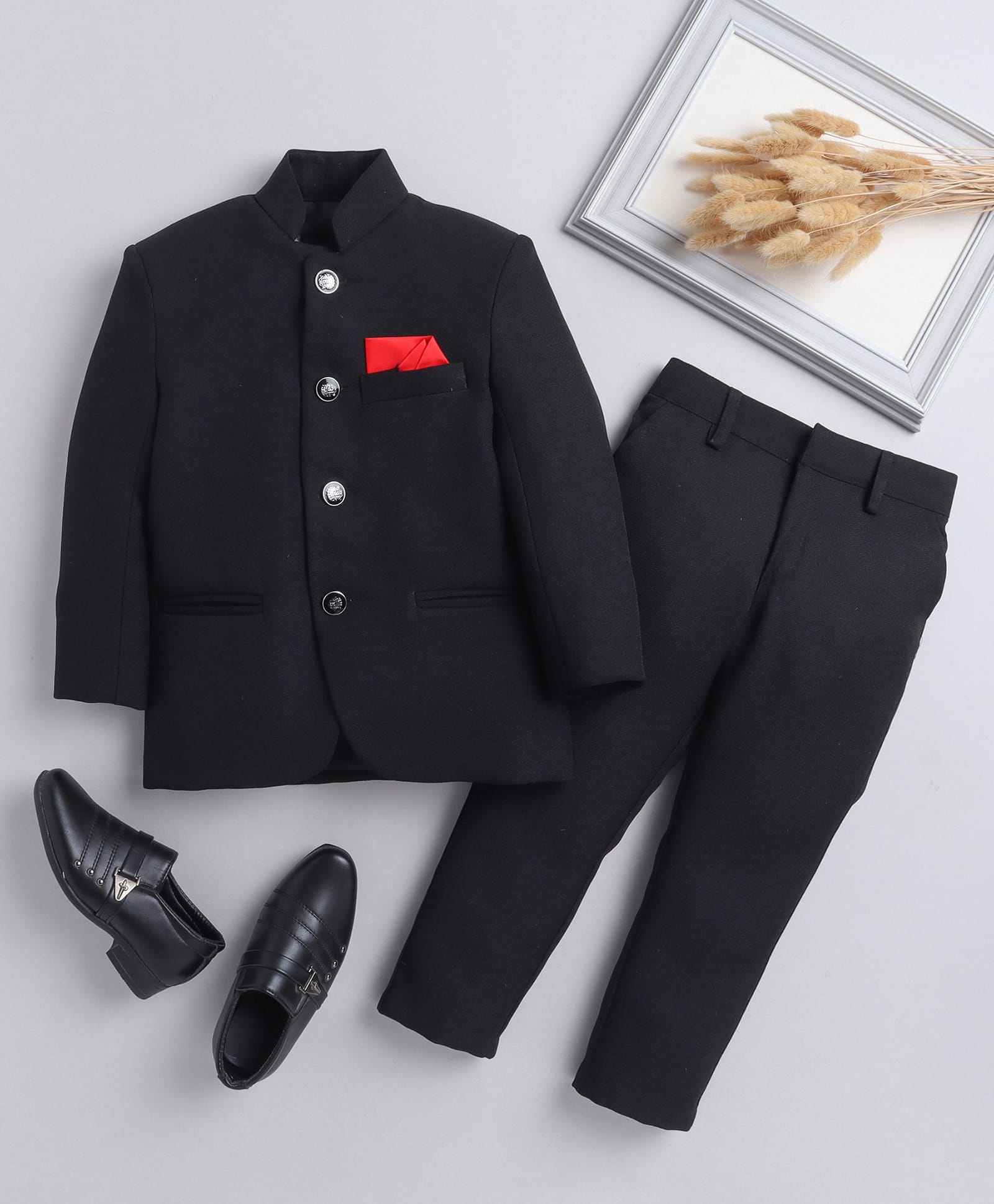 Jeet Ethnics Knit Full Sleeves Solid Jodhpuri Blazer & Trousers Set - Black-picture-36