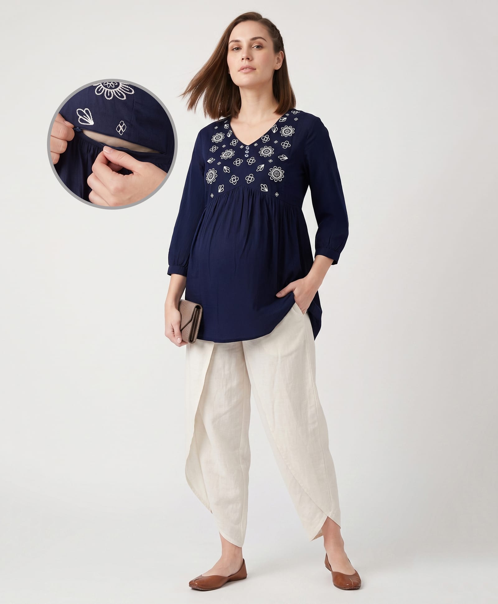 Bella Mama Woven Three Forth Sleeves Maternity Top with Floral Embroidered - Blue-picture-20