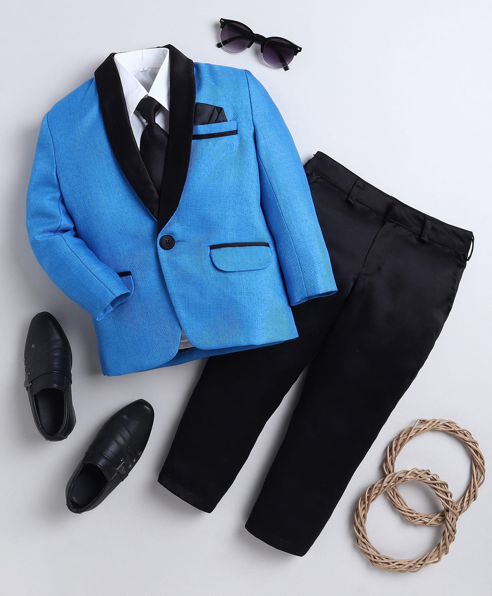 Jeet Ethnics Knit Full Sleeves Solid 4 Piece Party Suit Set With Tie - Blue-picture-22