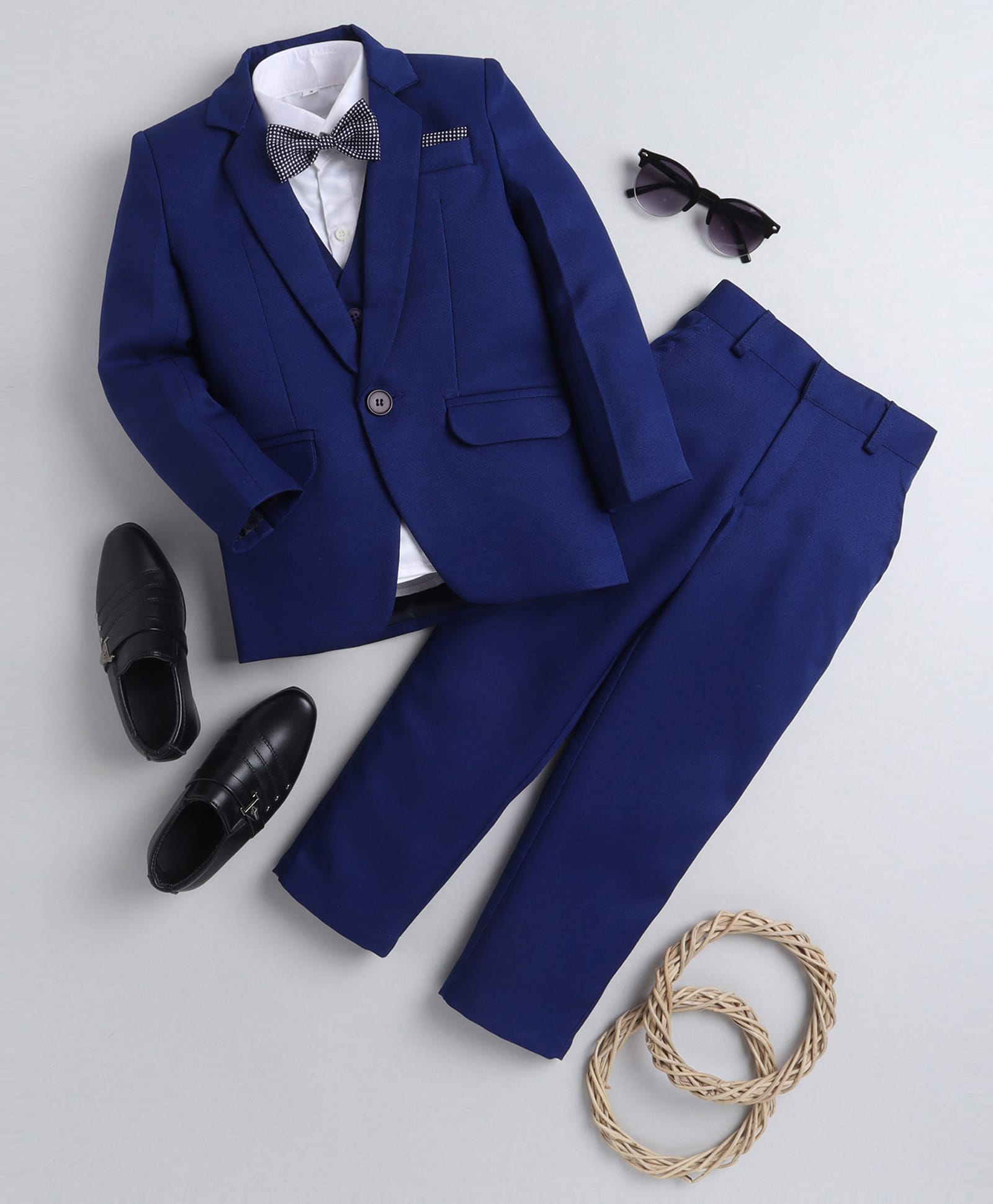 Jeet Ethnics Knit Full Sleeves Solid 4 Piece Party Suit Set With Bow - Navy Blue & White-picture-23