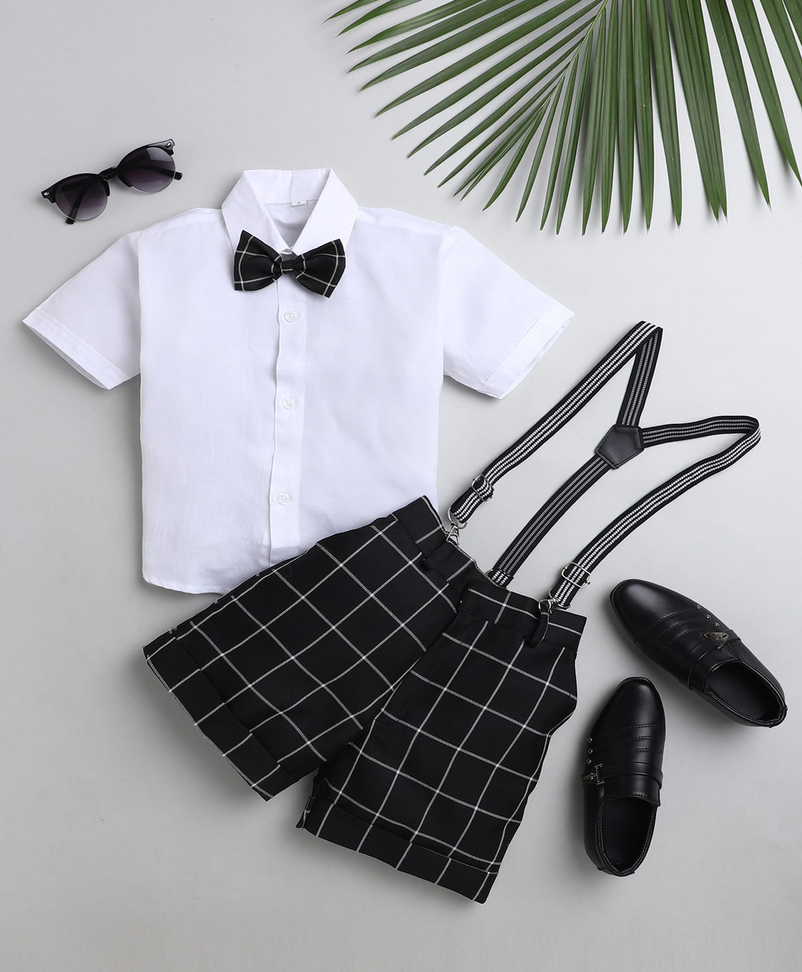 Jeet Ethnics Cotton Blend Knit Half Sleeves Solid Shirt & Shorts With Bow & Suspender Set - White & Black-picture-22