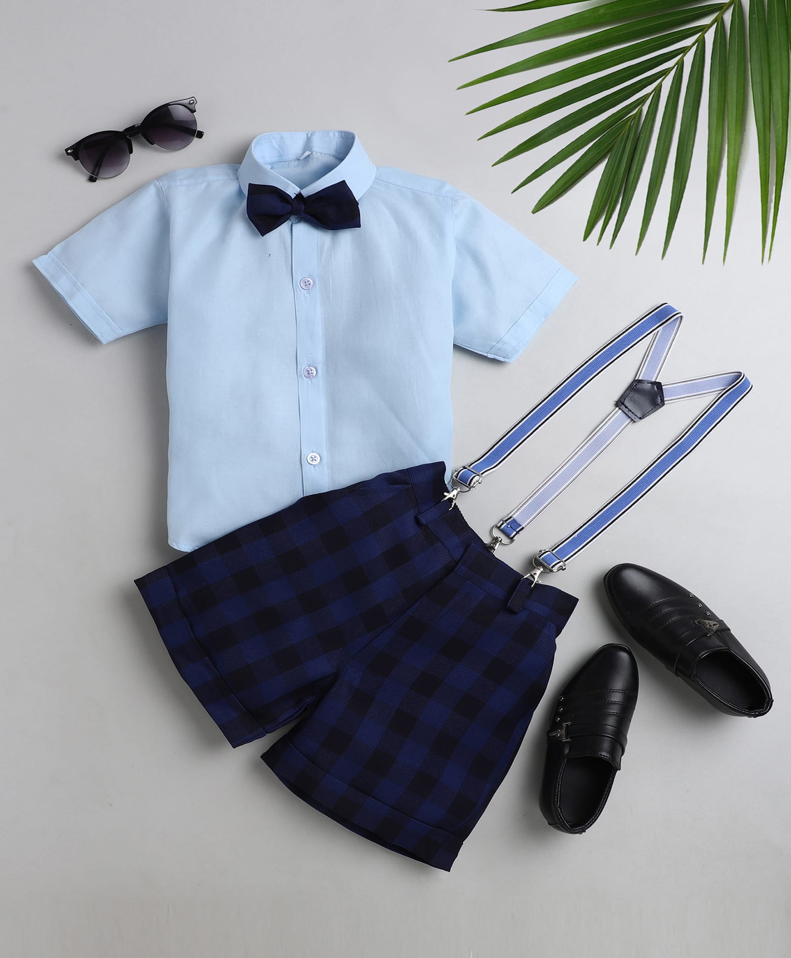 Jeet Ethnics Cotton Blend Knit Half Sleeves Solid Shirt & Shorts With Bow & Suspender Set - Sky Blue & Navy Blue-image-18
