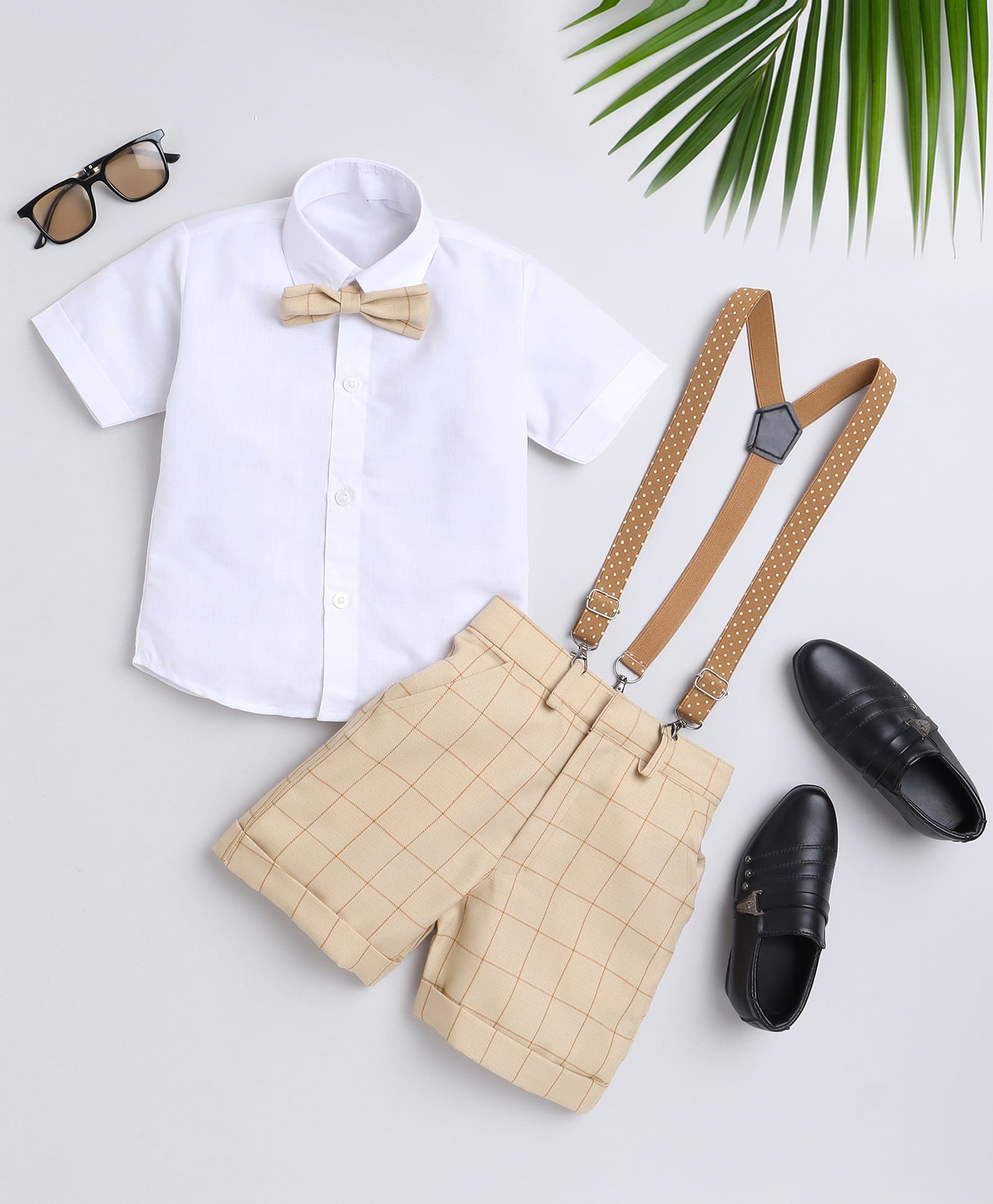Jeet Ethnics Cotton Blend Knit Half Sleeves Solid Shirt & Shorts With Bow & Suspender Set - White & Beige-image-22