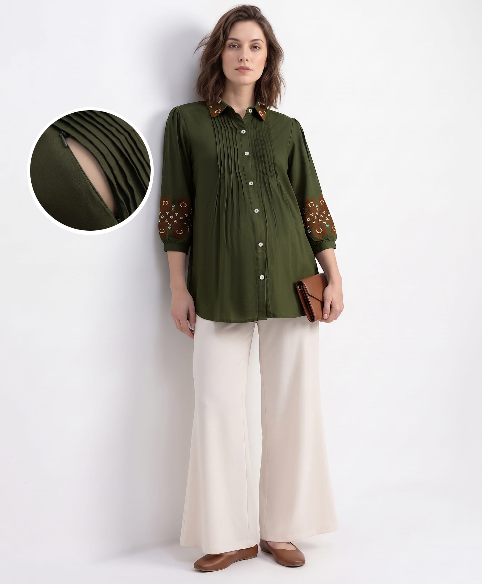 Bella Mama Woven Three Forth Sleeves Maternity Top with Floral Embroidered Collar & Sleeves - Olive Green-picture-10
