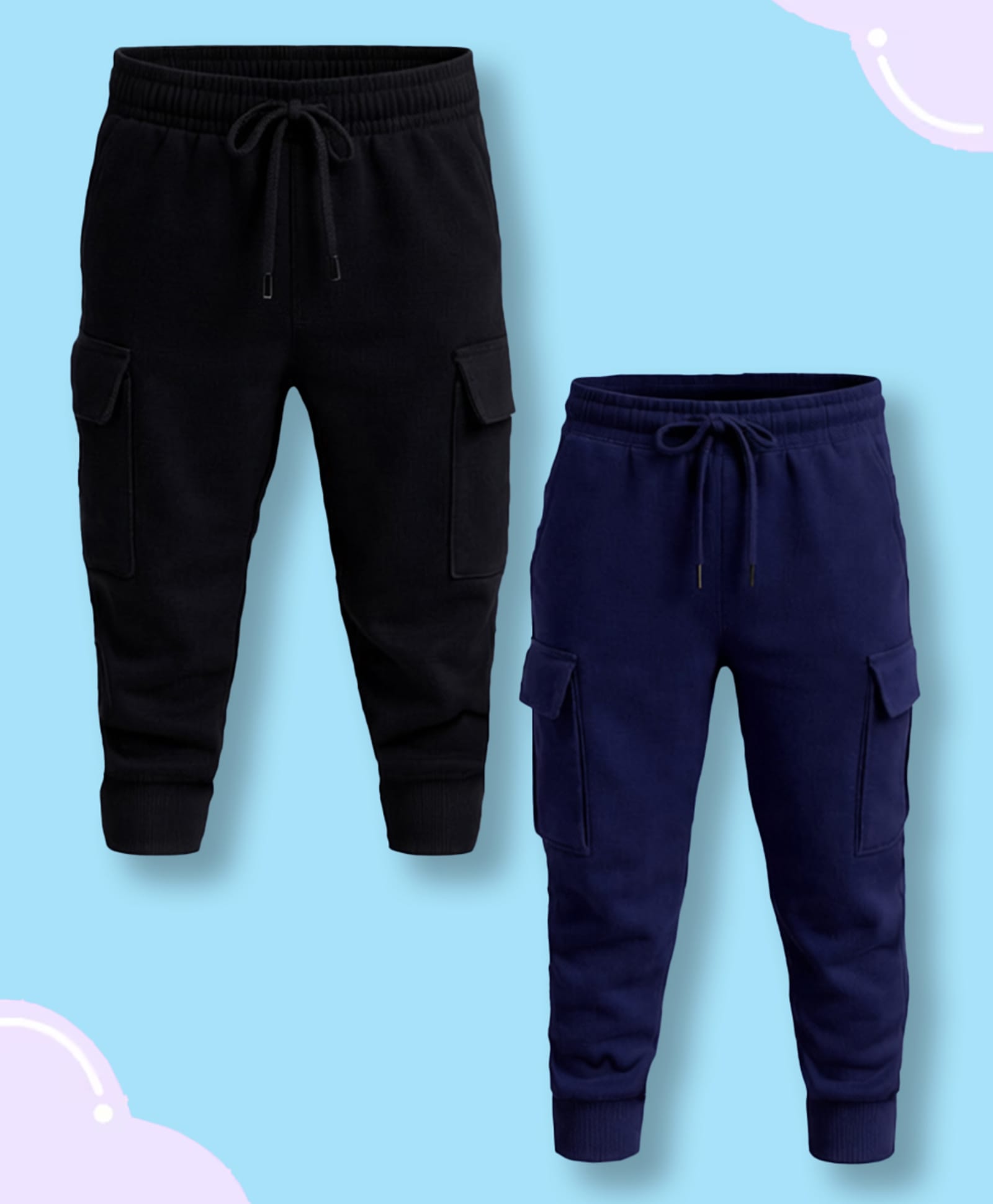 NUSYL Cotton Blend Knit Pack Of 2 Solid Cargo Style Joggers - Black & Navy Blue-image-30