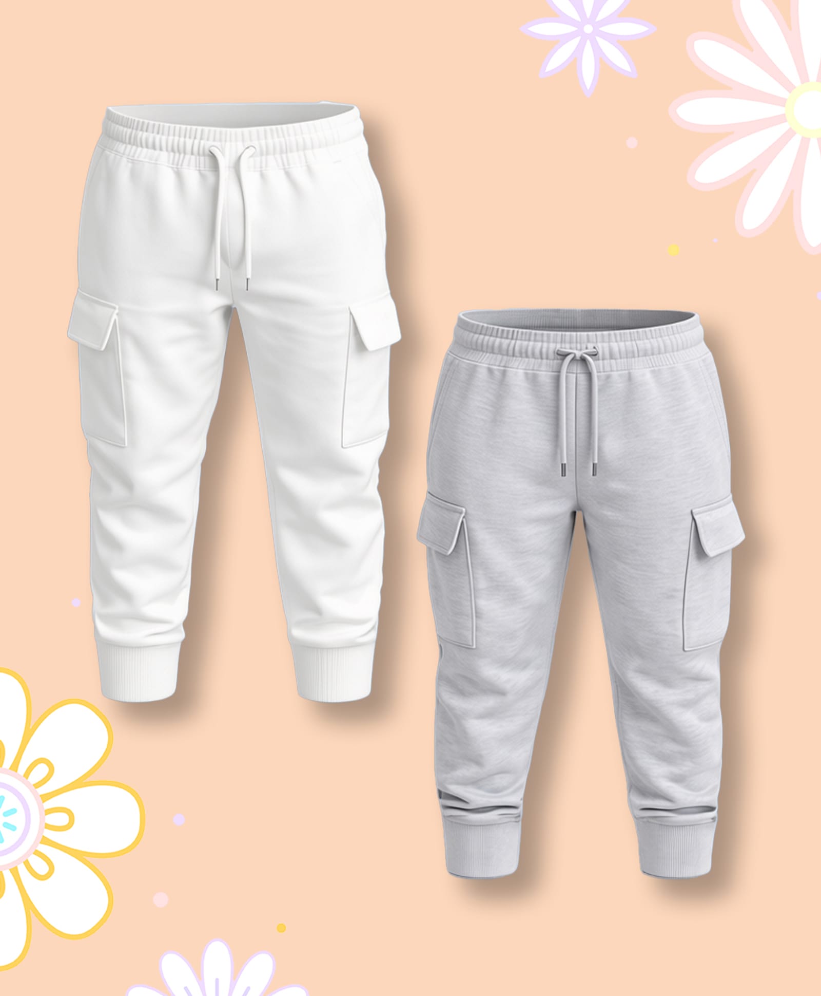 NUSYL Cotton Blend Knit Pack Of 2 Solid Cargo Style Joggers - White & Grey-image-40