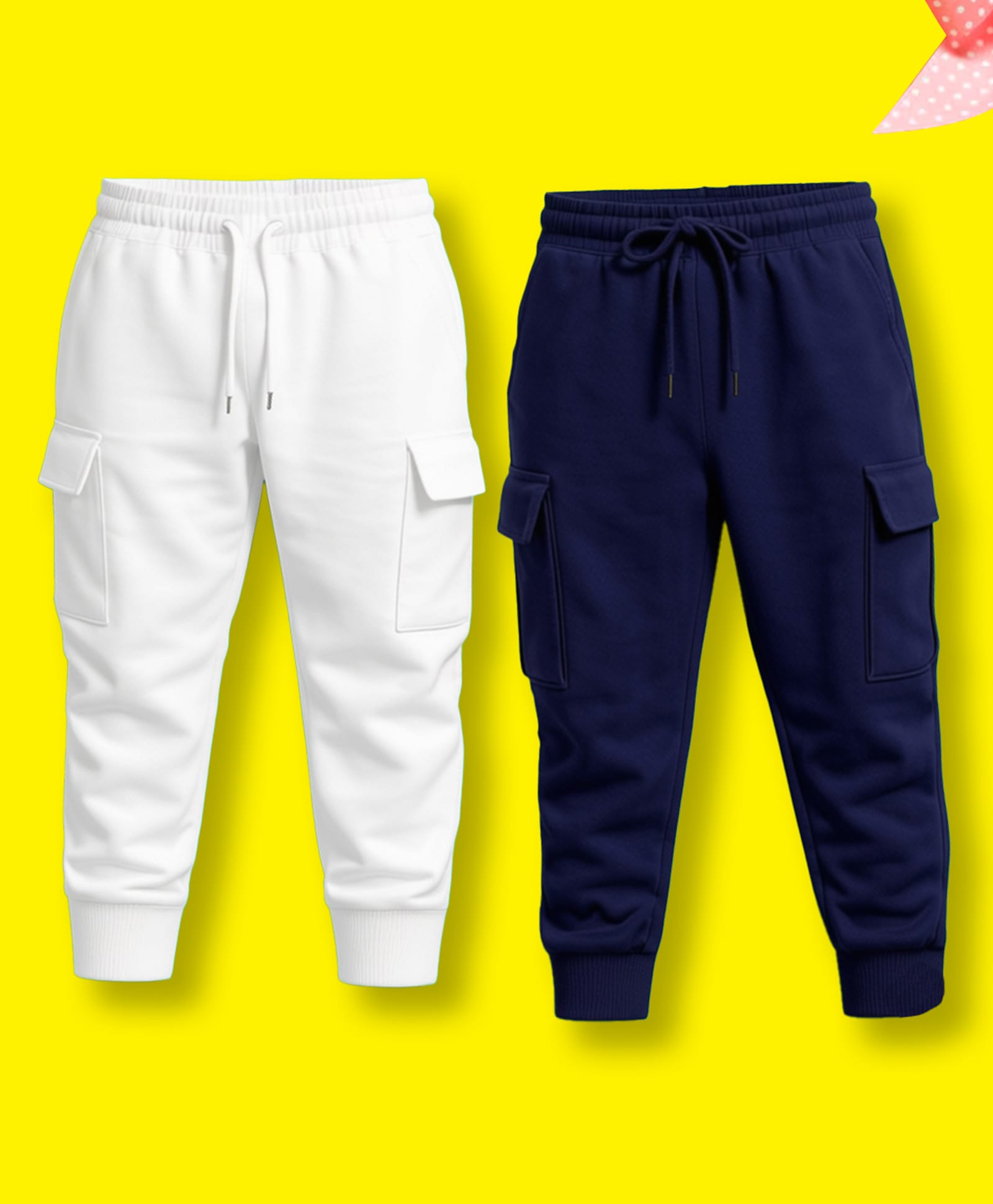 NUSYL Cotton Blend Knit Pack Of 2 Solid Cargo Styled Joggers - White & Navy Blue-image-45