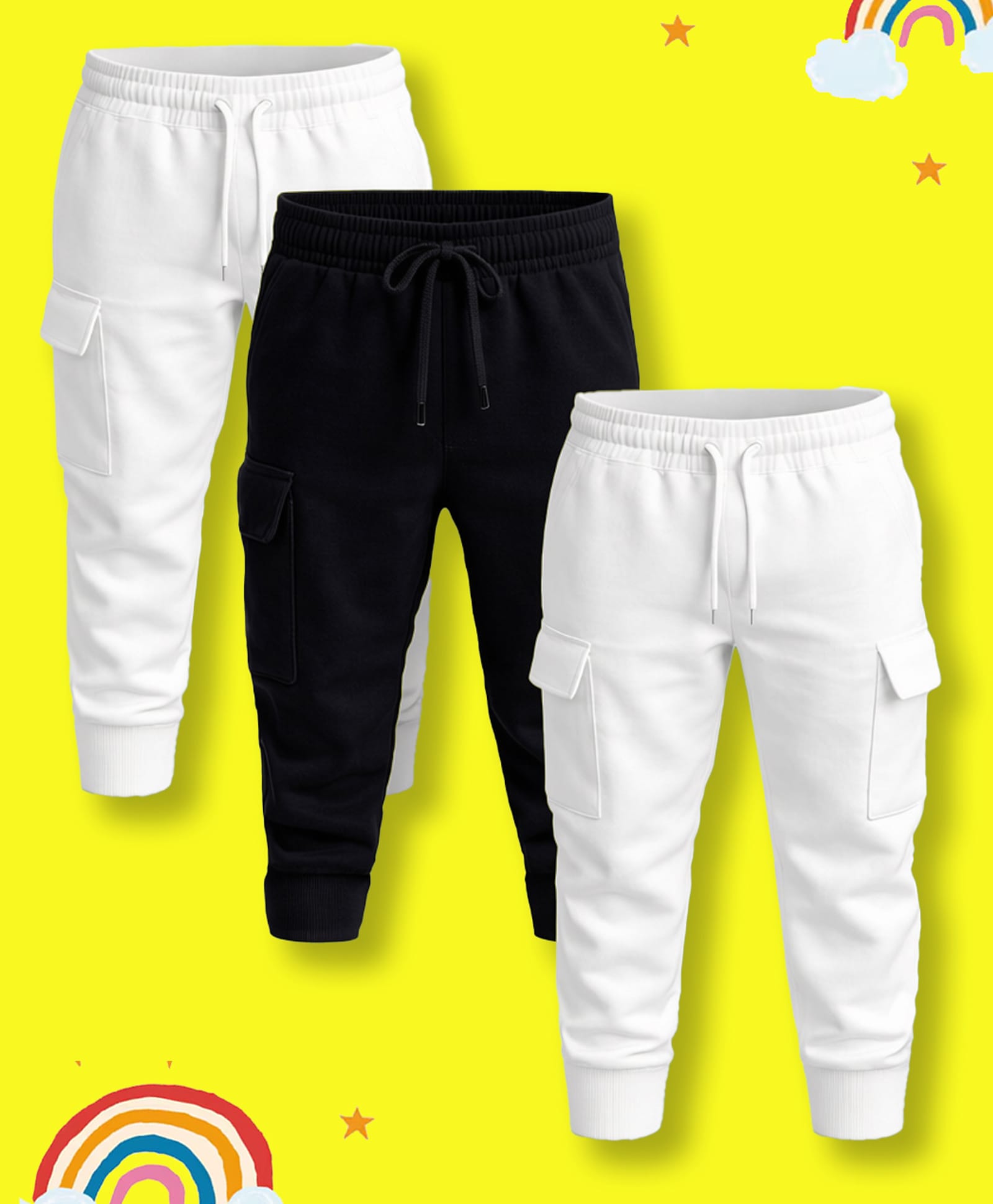 NUSYL Cotton Blend Knit Pack Of 3 Solid Cargo Styled Joggers - White & Black-picture-16