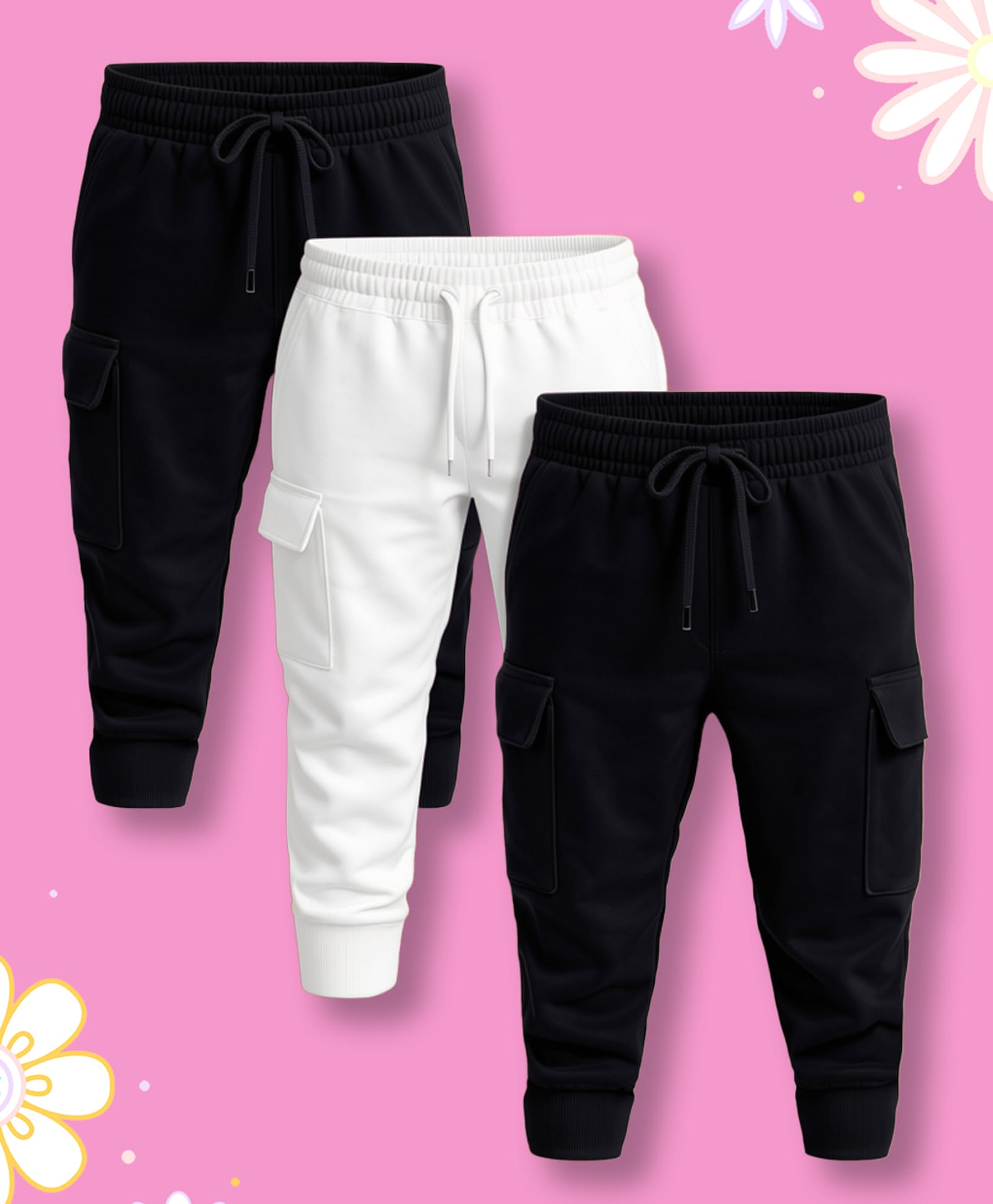 NUSYL Cotton Blend Knit Pack Of 3 Solid Cargo Styled Joggers - Black & White-picture-19