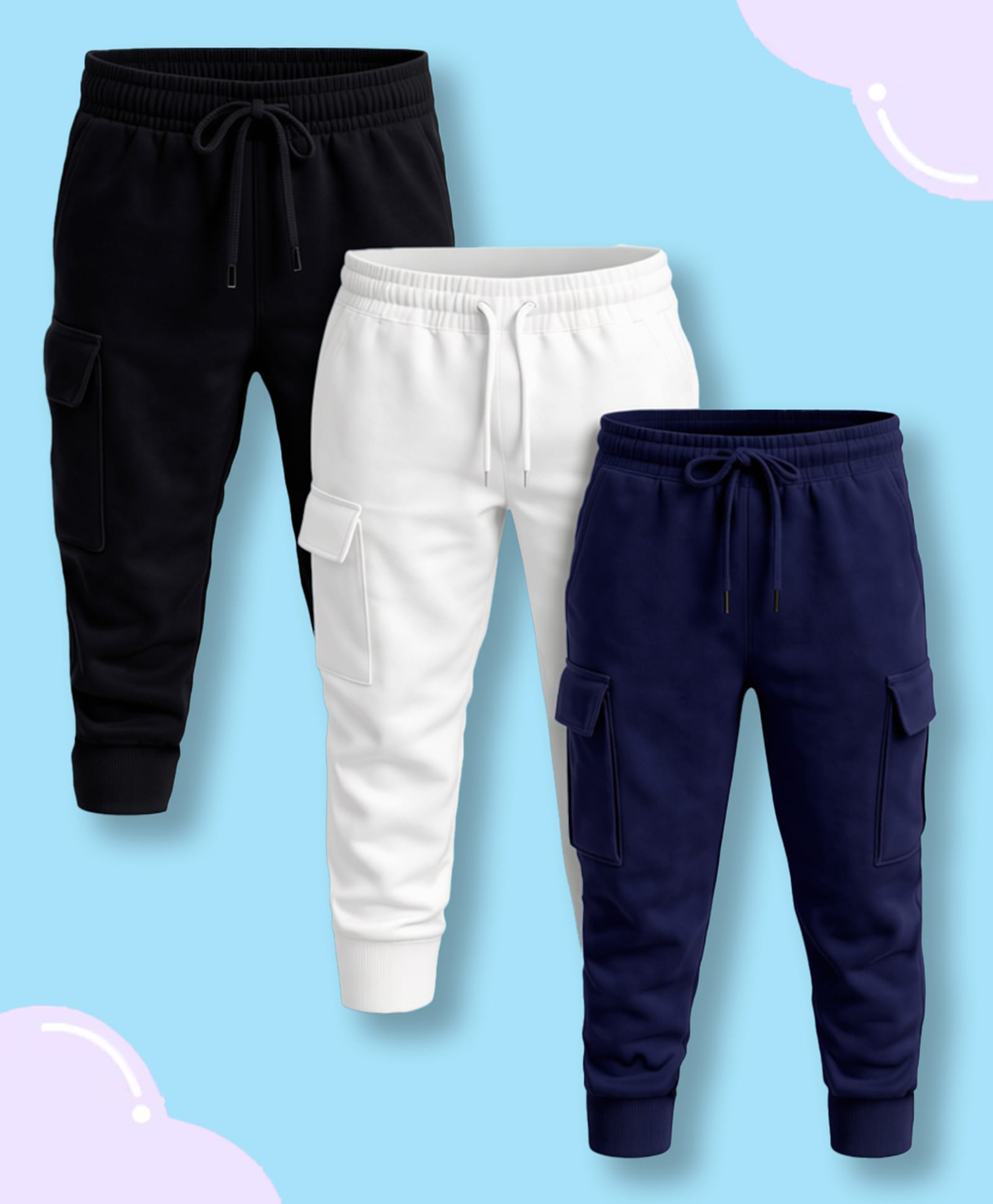 NUSYL Cotton Blend Knit Pack Of 3 Solid Cargo Styled Joggers - Black White & Navy Blue-picture-12