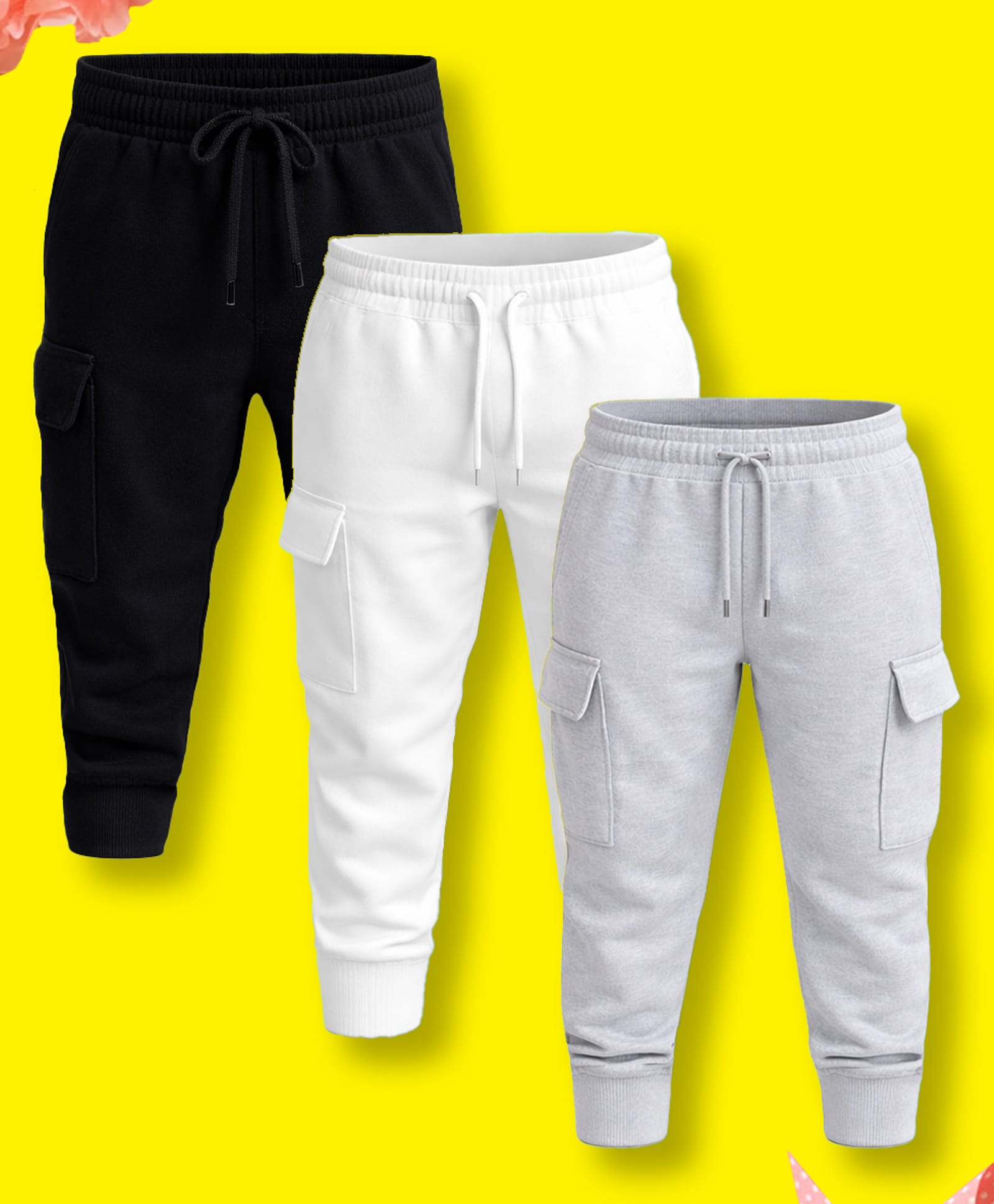 NUSYL Cotton Blend Knit Pack Of 3 Solid Cargo Styled Joggers - Black White & Grey-picture-11
