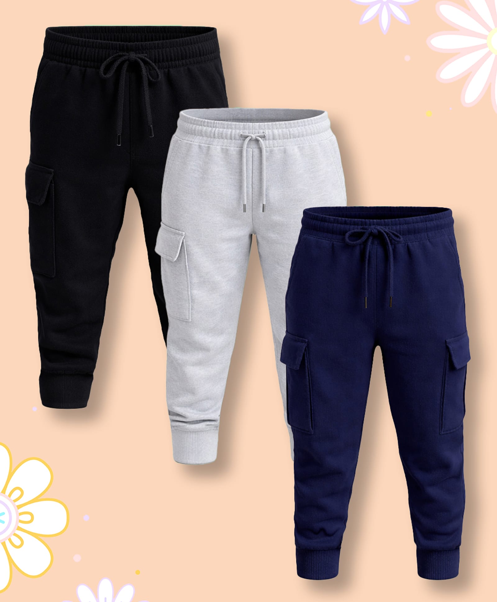 NUSYL Cotton Blend Knit Pack Of 3 Solid Cargo Styled Joggers - Black Navy Blue & Grey-picture-20