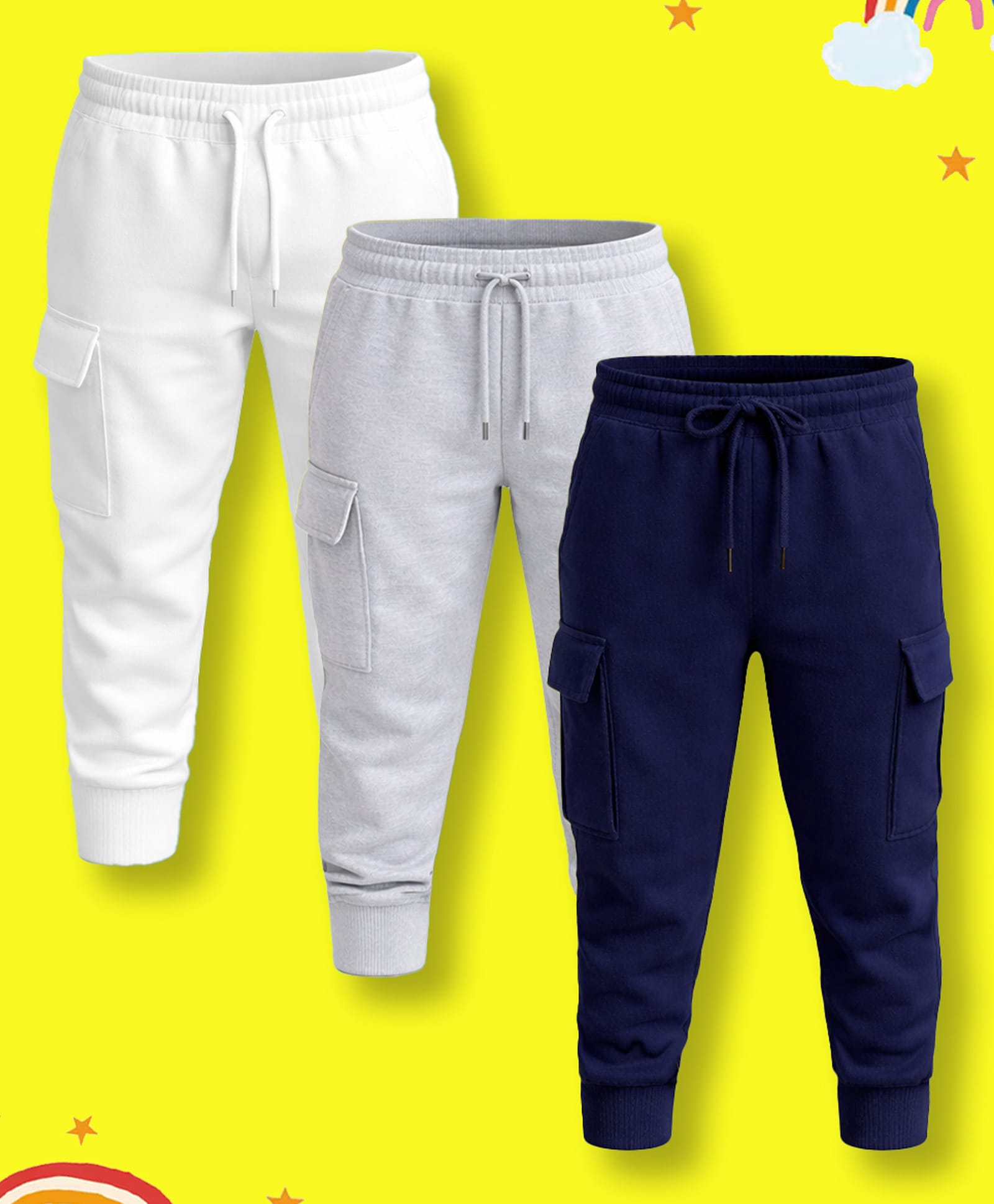 NUSYL Cotton Blend Knit Pack Of 3 Solid Cargo Styled Joggers - White Navy Blue & Grey-picture-17