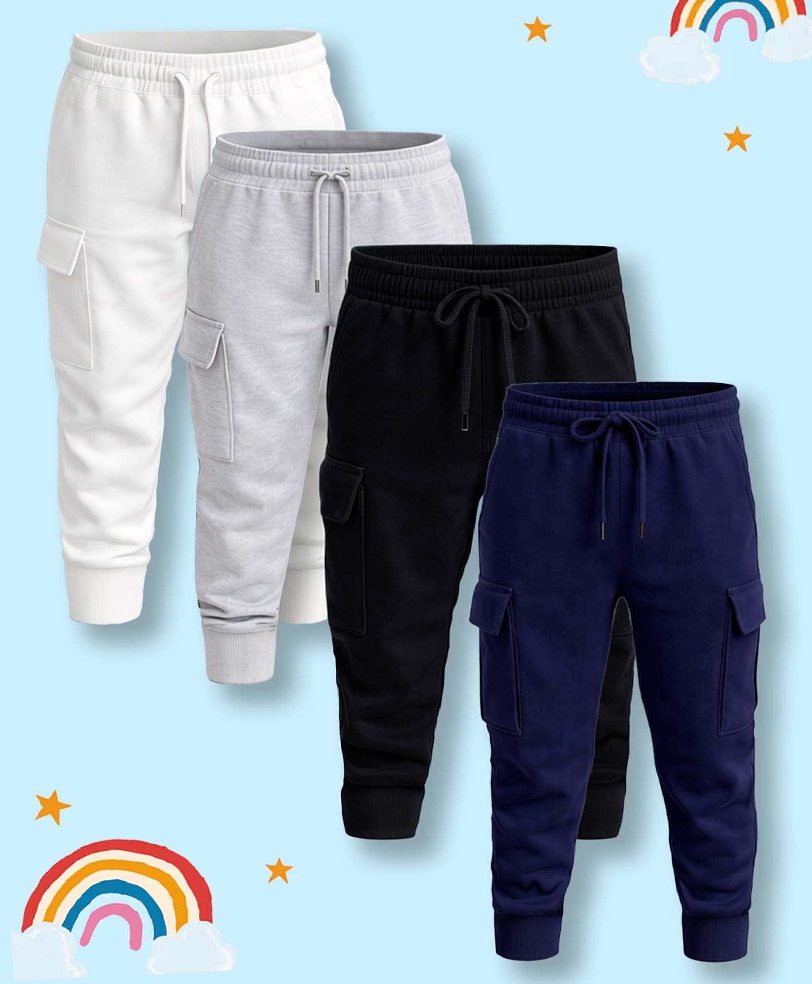 NUSYL Cotton Blend Knit Pack Of 4 Solid Cargo Styled Joggers - White Black Grey & Navy Blue-picture-22