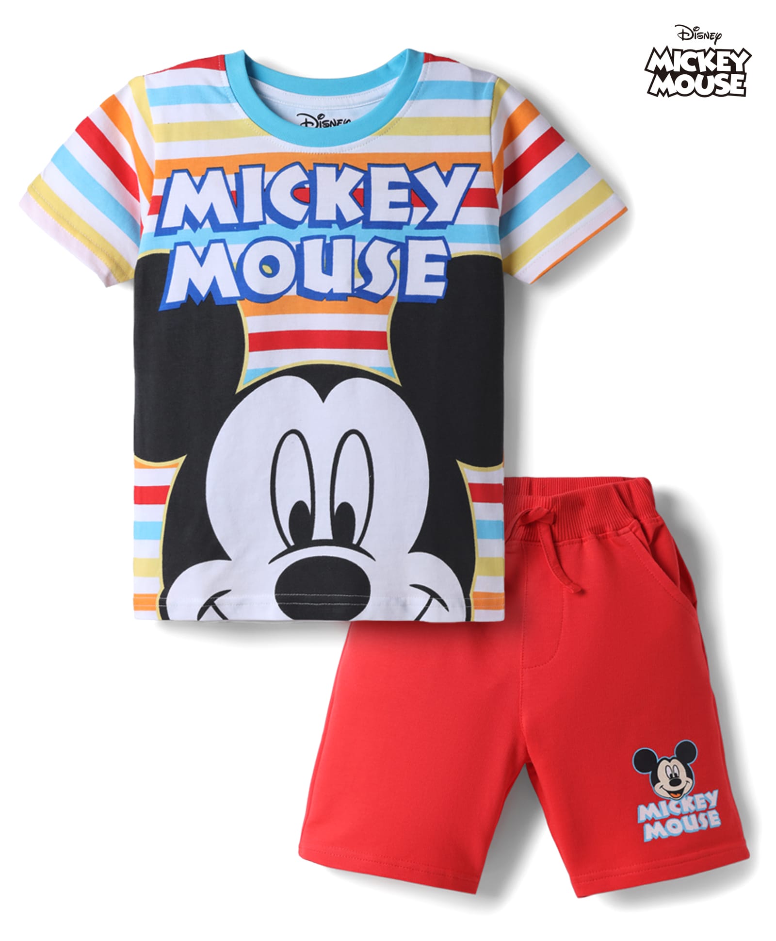 Babyhug Disney Single Jersey Knit Half Sleeve Striped T-Shirt & Shorts Set With Mickey Mouse Graphic - Red & White-image-45