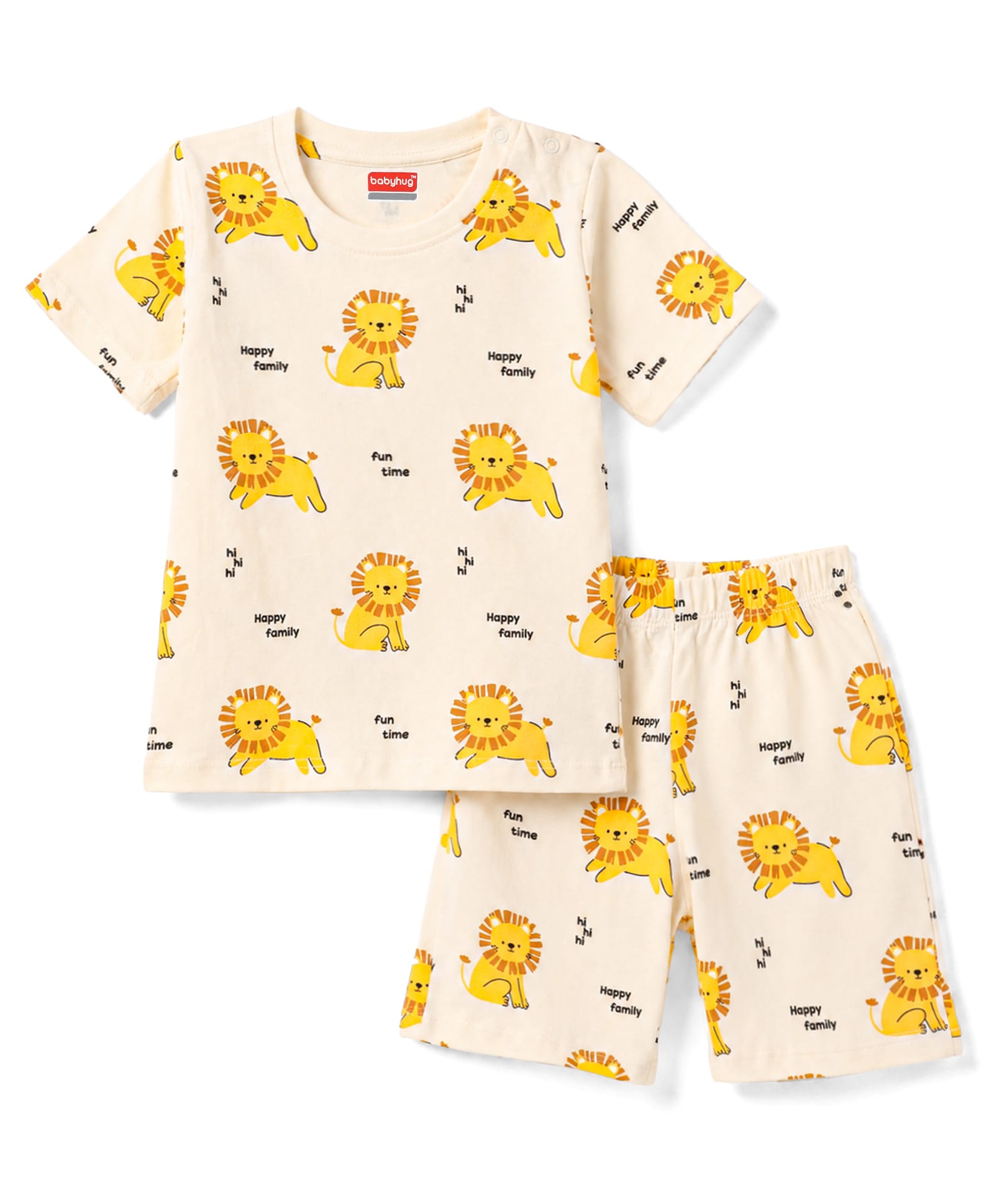 Babyhug Cotton Knit Half Sleeves Lion Printed Co-Ords T-Shirt & Shorts Night Suit - Cream-image-45